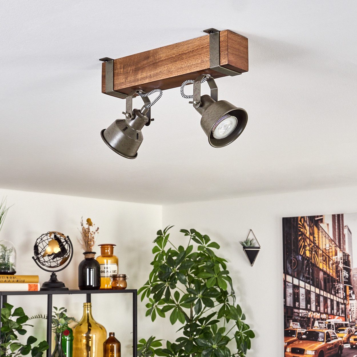 hofstein Deckenleuchte Deckenlampe aus Metall/Holz in Grün-Grau/Dunkelbraun günstig online kaufen