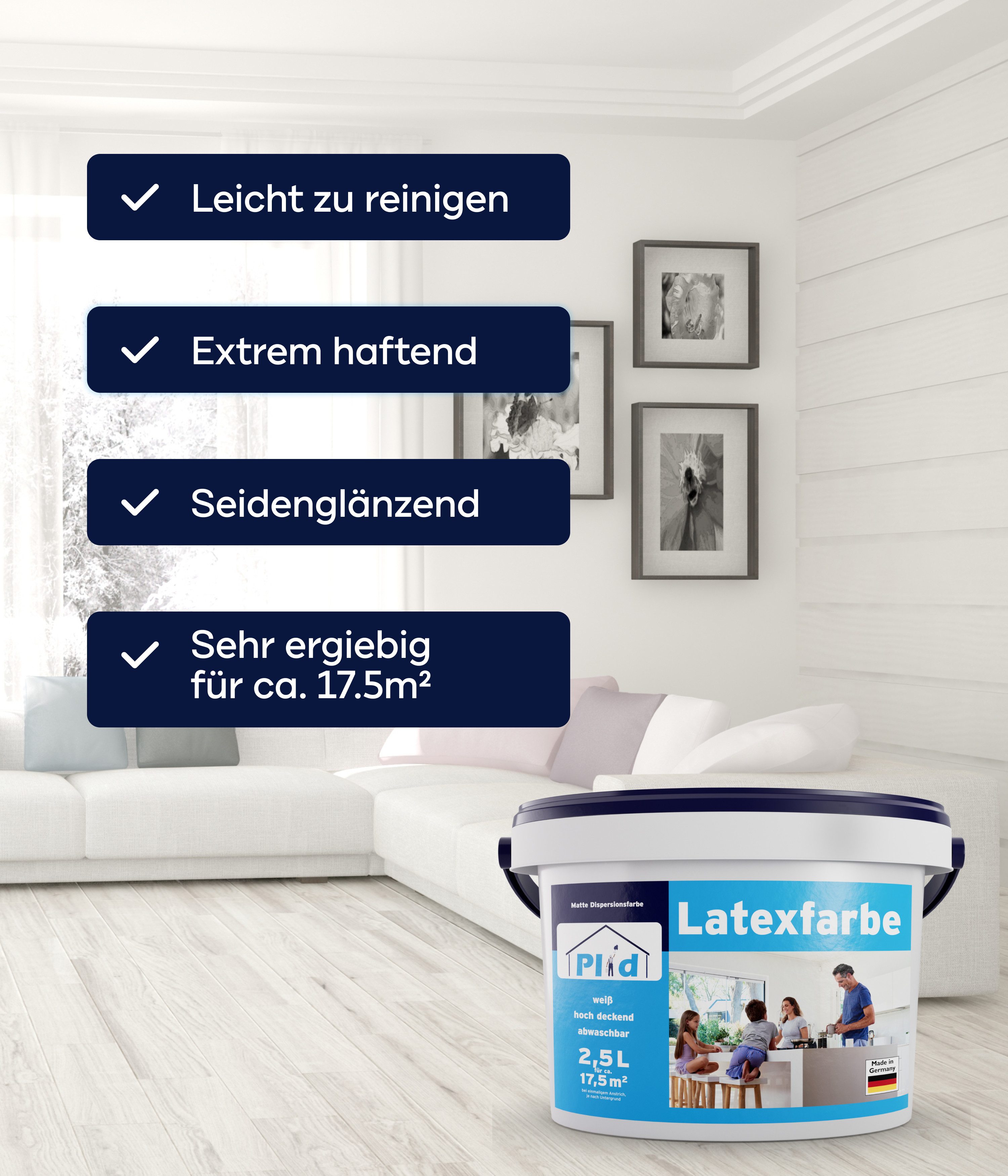 plid Latexfarbe Latexfarbe abwaschbare Wandfarbe Küchenfarbe Innenfarbe Badfarbe, Schnelltrocknend, spritzarm, verarbeitungsfertig