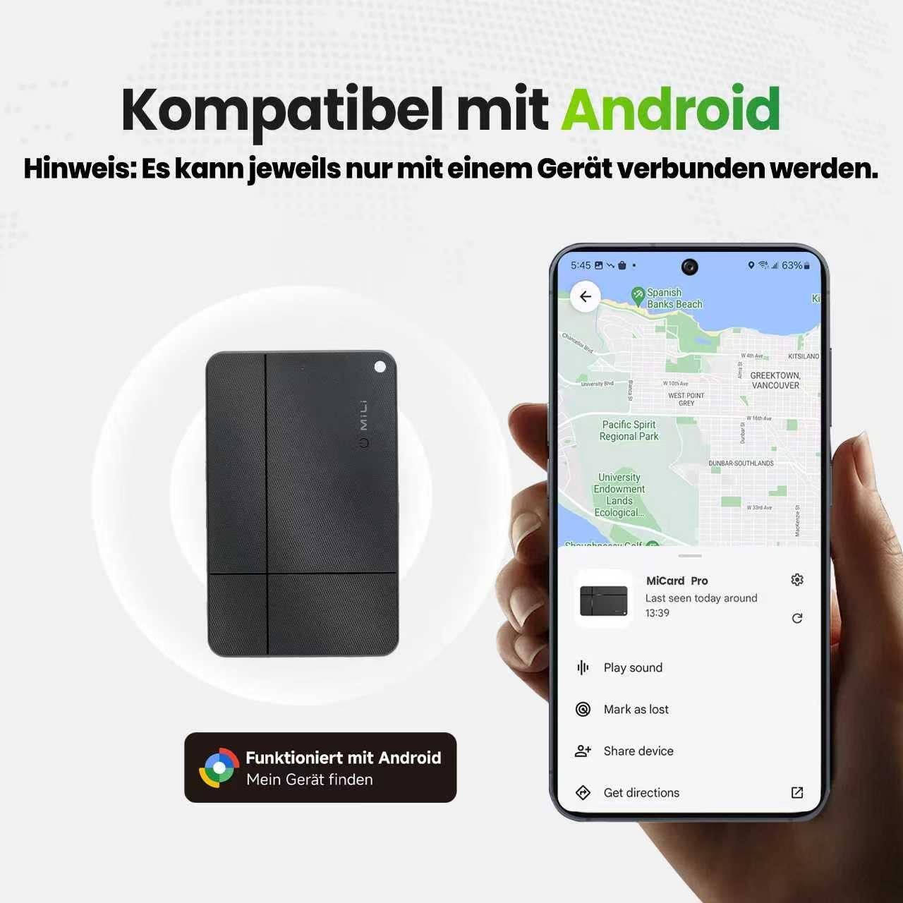 Mili Bluetooth Tracker Karte&Schlüsselfinder mit "Google Find My Device" GPS-Tracker (Wiederaufladbar & Ultra-Dünn für Geldbeutel & Passhülle,Kein Abo)