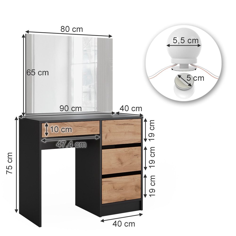 Vicco Schminktisch Sherry, Anthrazit/Goldkraft Eiche, 90 x 75 cm mit Spiegel & LED-Bel... (2-St)
