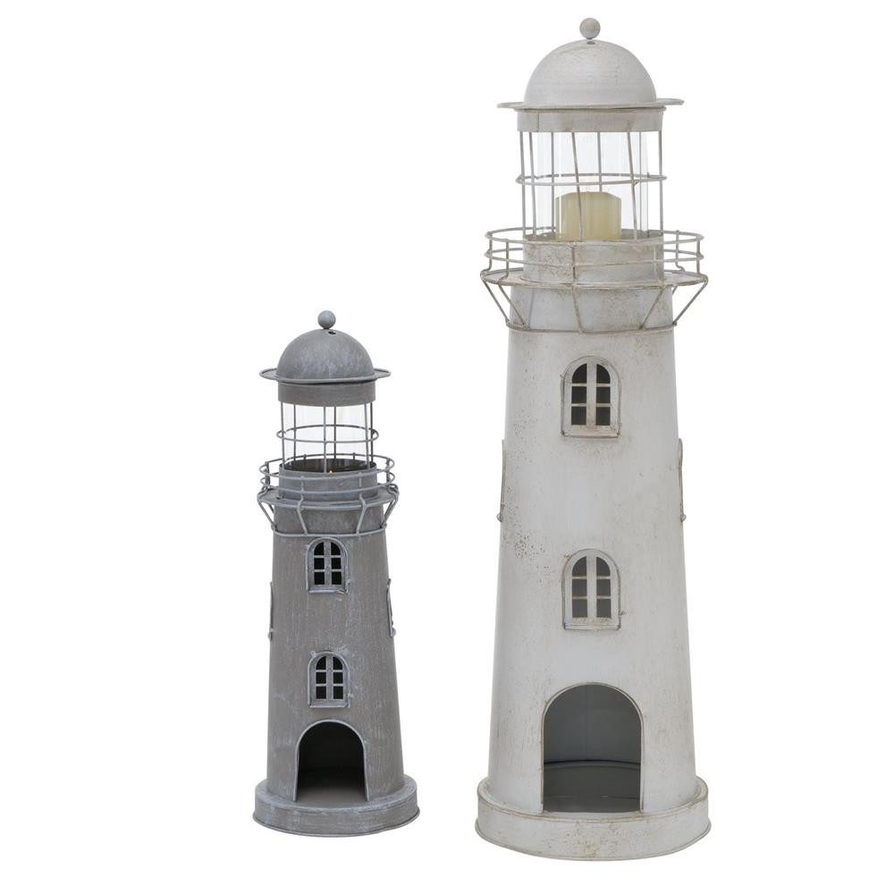 BOLTZE Kerzenlaterne Laterne Leuchtturm 2er Set Metall grau/weiß, maritim, Cut-Out, Usedlook, Küstenstil