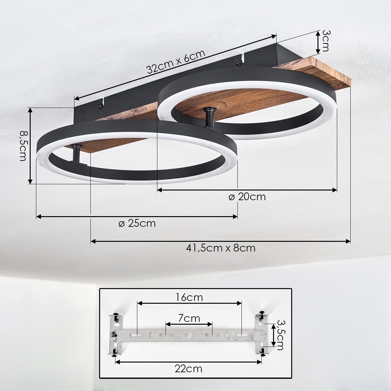 hofstein Deckenleuchte Deckenlampe aus Metall/Holz/Kunststoff in Schwarz/Braun/Weiß, 3000 Kelvin, Deckenleuchte im modernen Design, 18 Watt, 3000 Kelvin – Bild 4 von 5