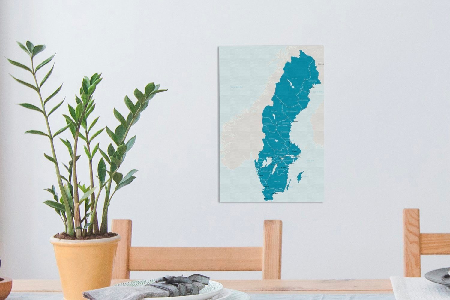 detaillierten Leinwandbild einer in fertig OneMillionCanvasses® (1 Zackenaufhänger, bespannt von St), cm inkl. Blau, Schweden Leinwandbild Illustration 20x30 Karte Gemälde,