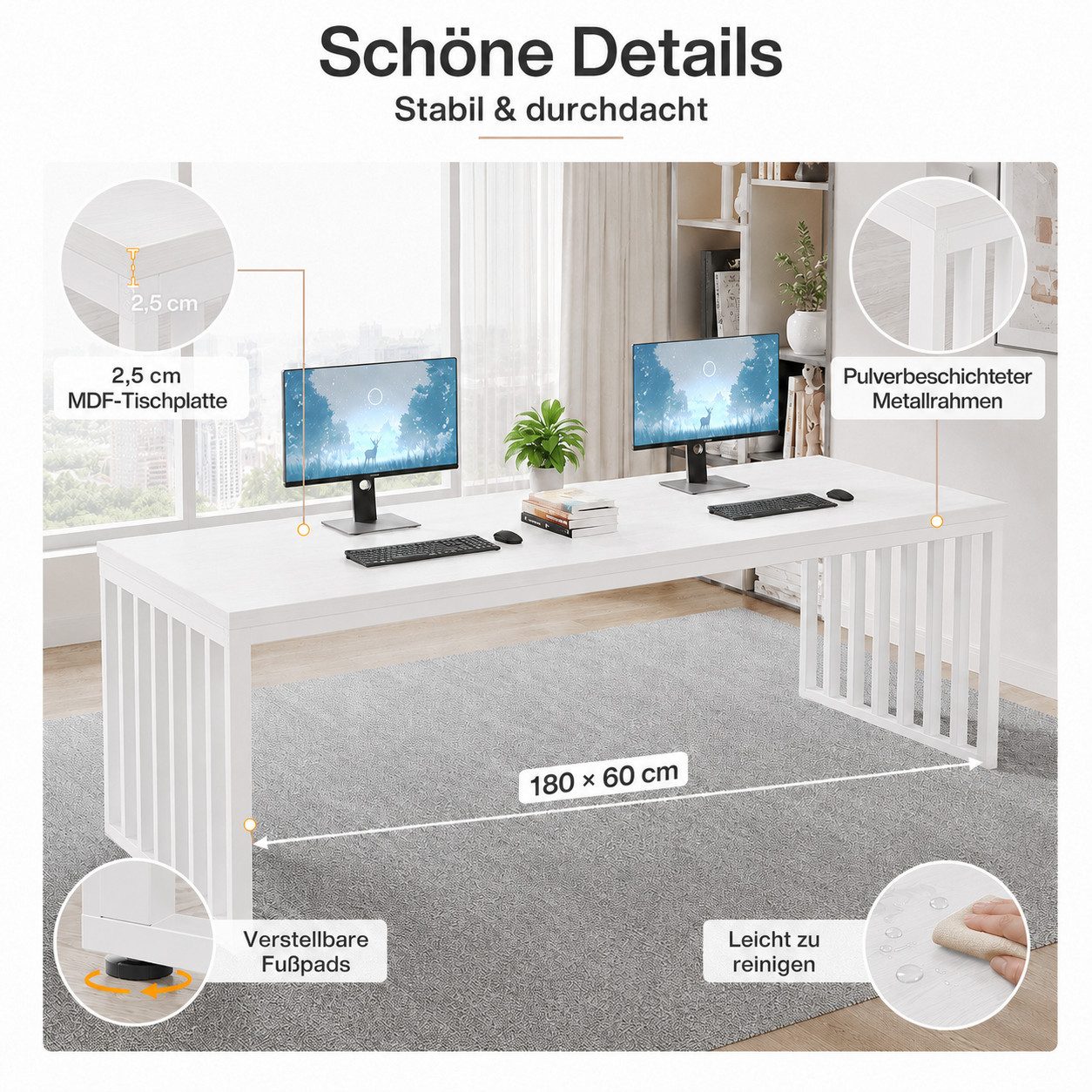 Celya Schreibtisch 180cm Zwei-Personen-Schreibtisch, langer Executive-Schreibtisch (Doppel-Computertisch)