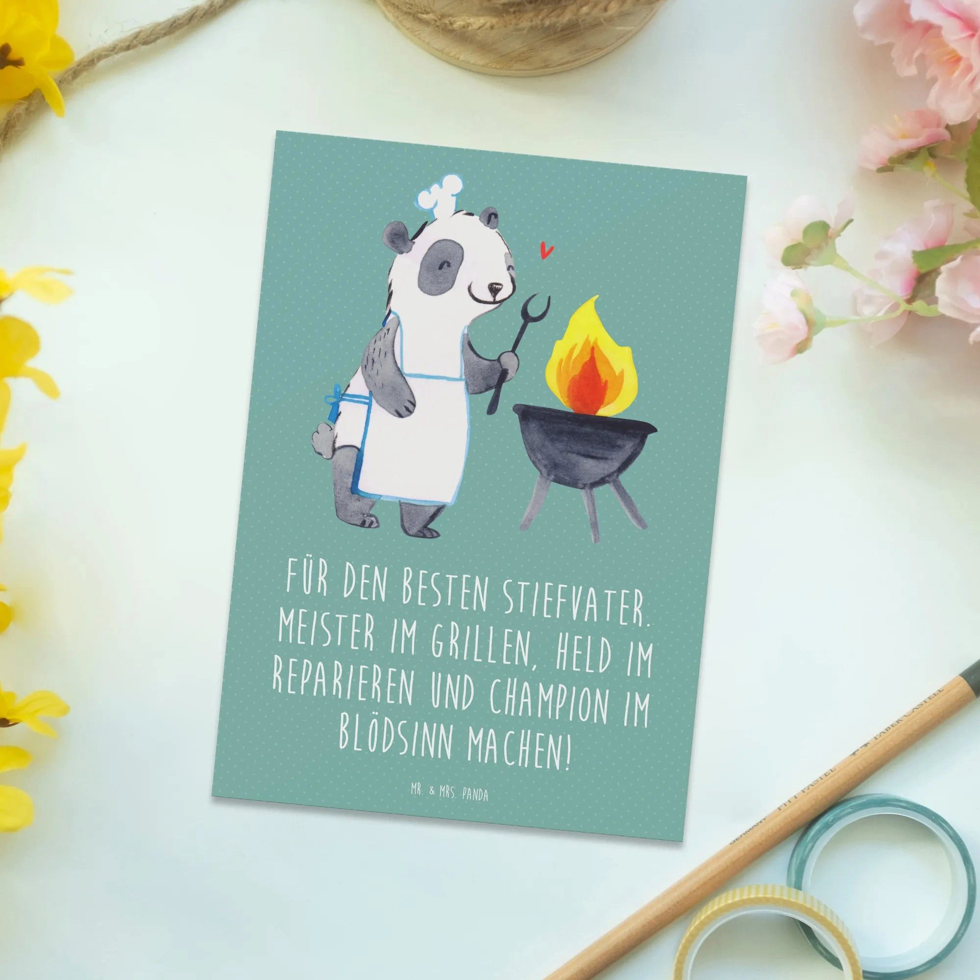 Thumbnail - Mr. & Mrs. Panda Postkarte Bester Stiefvater - Meeresbrise - Geschenk, Ansichtskarten, Dankeschö, Glücksmomente teilen