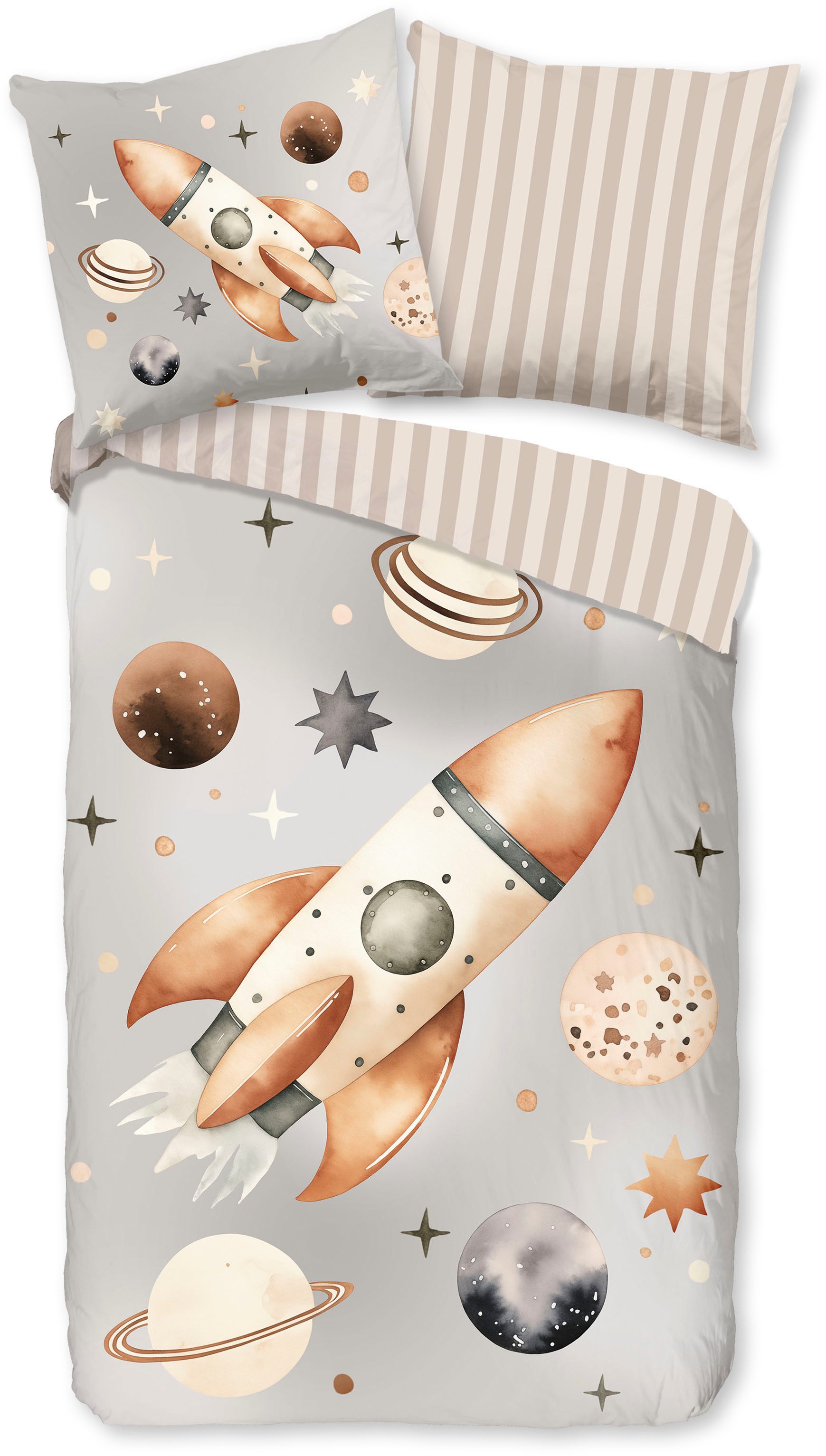 good morning Kinderbettwäsche Exploree, Renforcé, 2 teilig, Baumwolle, Renforcé, Wendeoptik, Kind, Junge, Weltall, Rakete