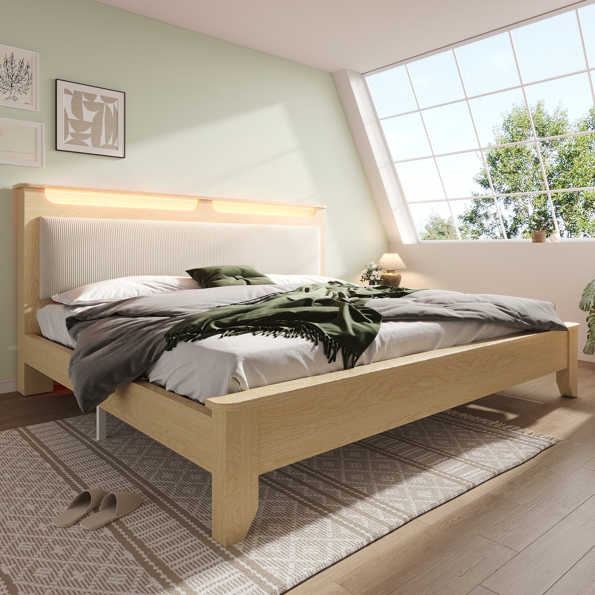 OKWISH Holzbett Kopfteil mit Stauraum (Doppelbett, günstig online kaufen