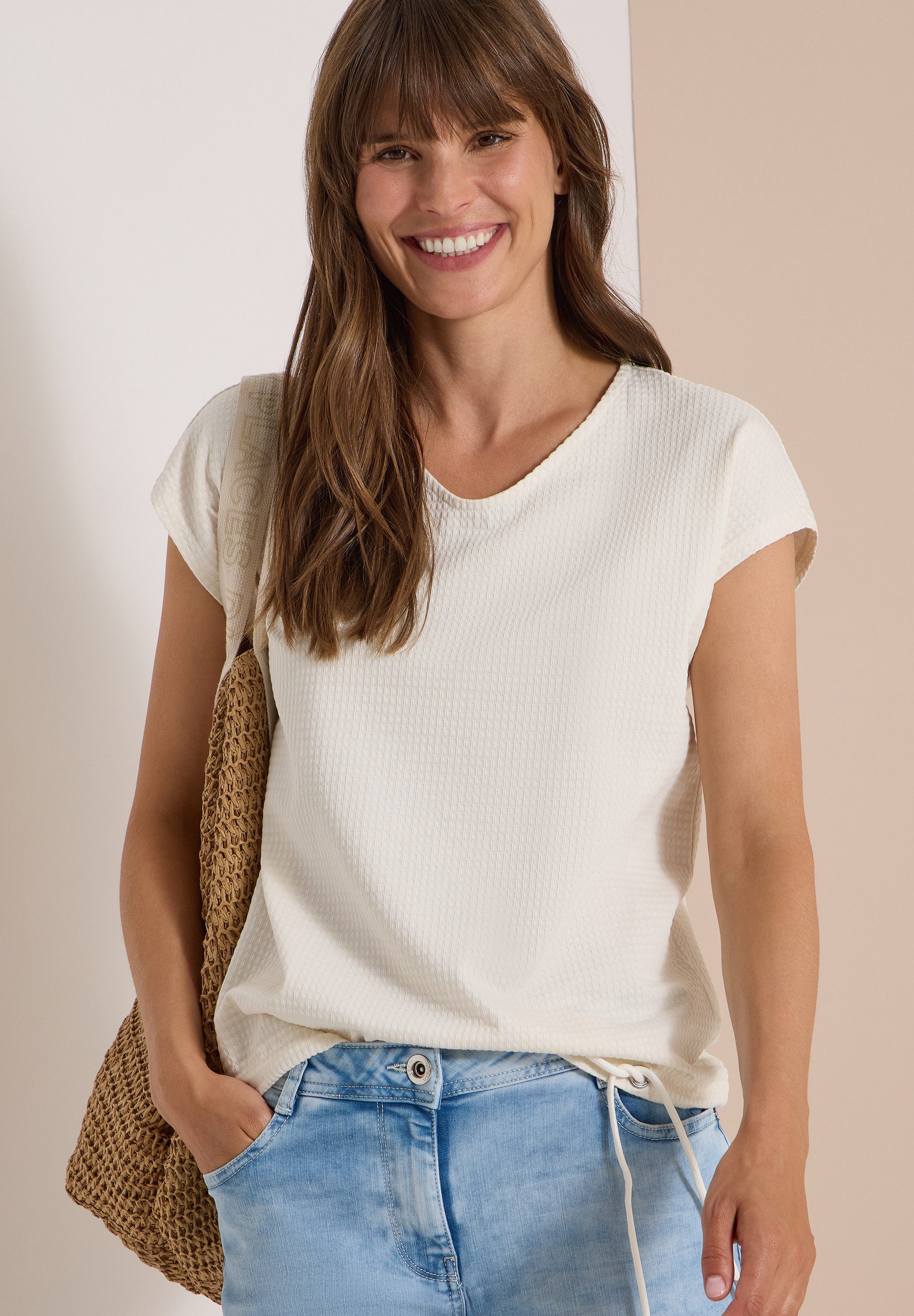 CECIL T-Shirt Sommershirt mit Waffel-Struktur, Baumwollmix, Kordelzug am Saum