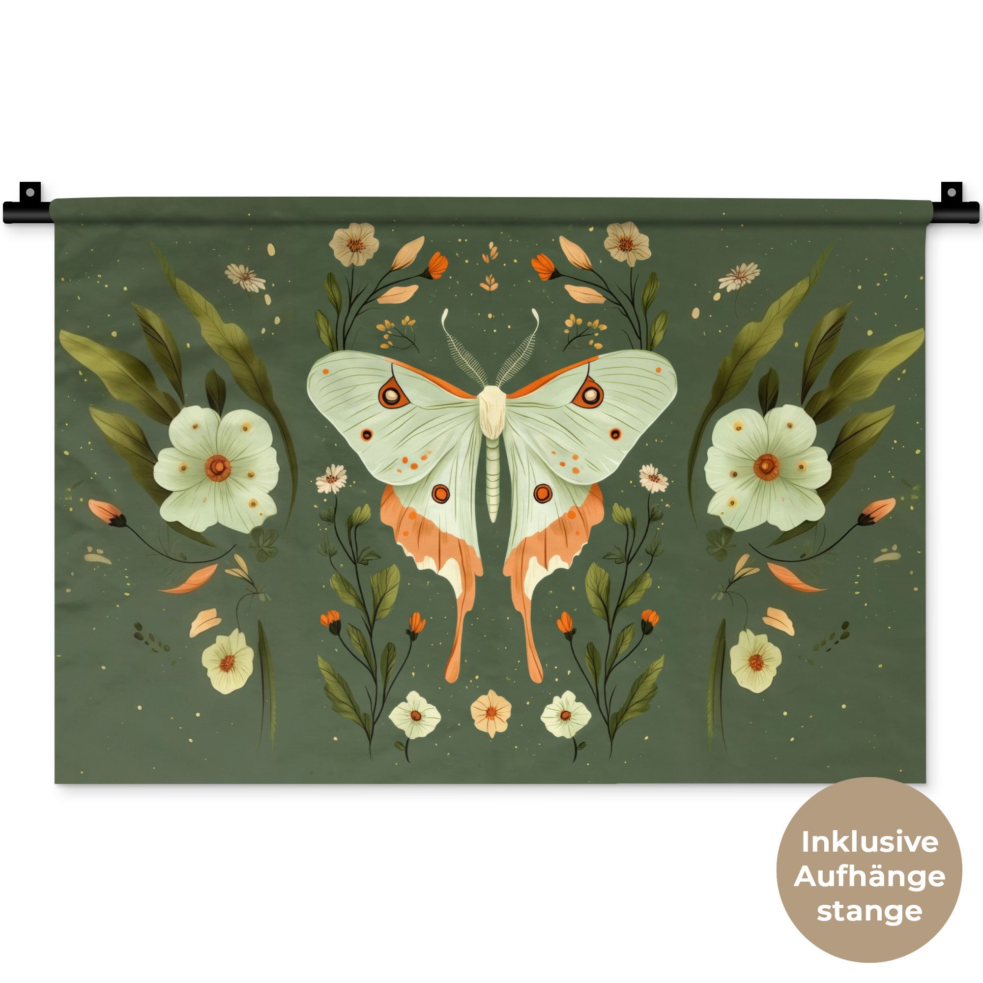 MuchoWow Wandteppich Blumen - Blätter - Olivgrün - Schmetterling, Rechteckig, Höhe: 3 mm, Wandteppich für Wohnzimmer, Schlafzimmer, 60x40 cm