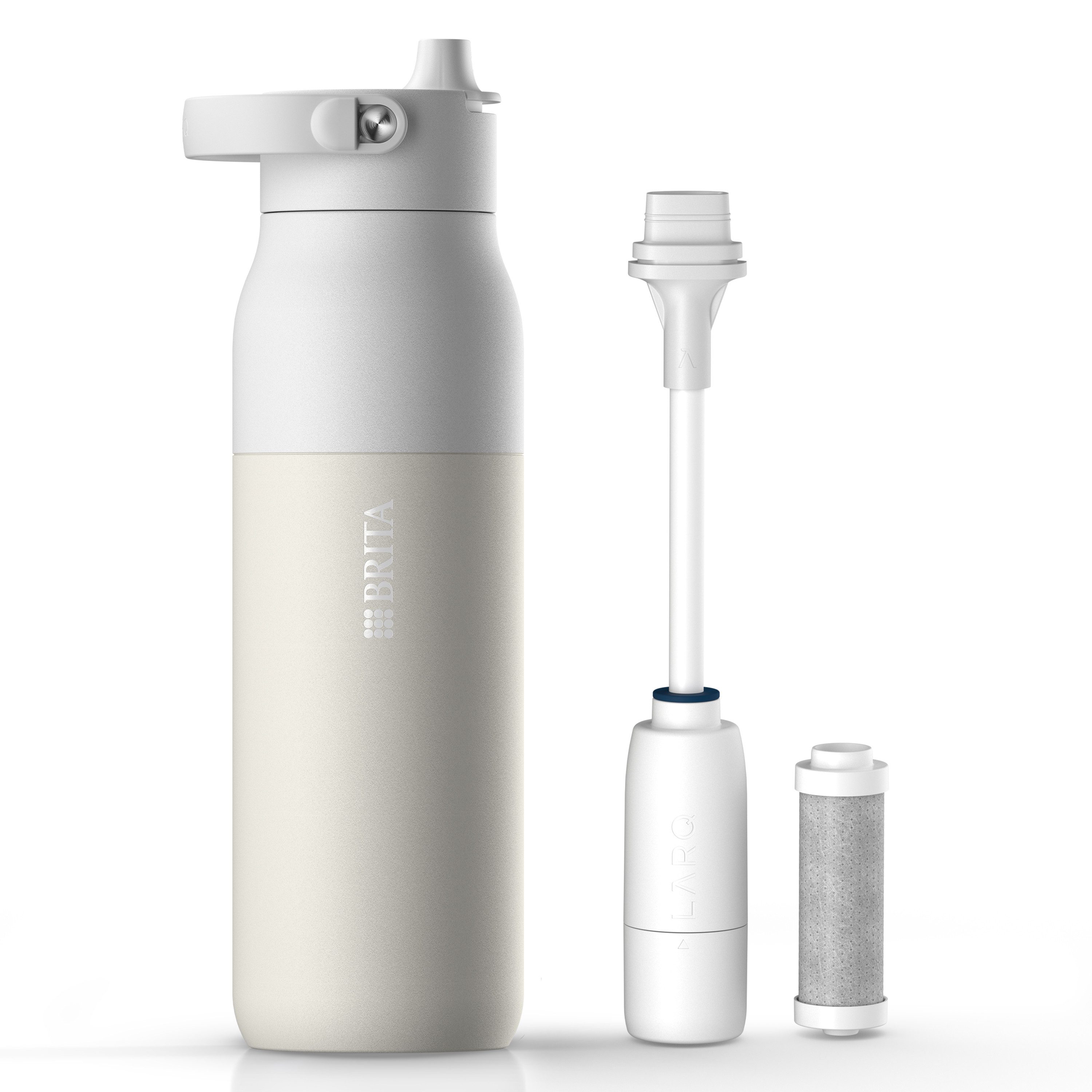 BRITA Trinkflasche BRITA LARQ Essential Filter Trinkflasche (1L) mit Strohhalm, Edelstahl Wasserflasche mit doppelwandiger Isolierung - hält 24h kalt