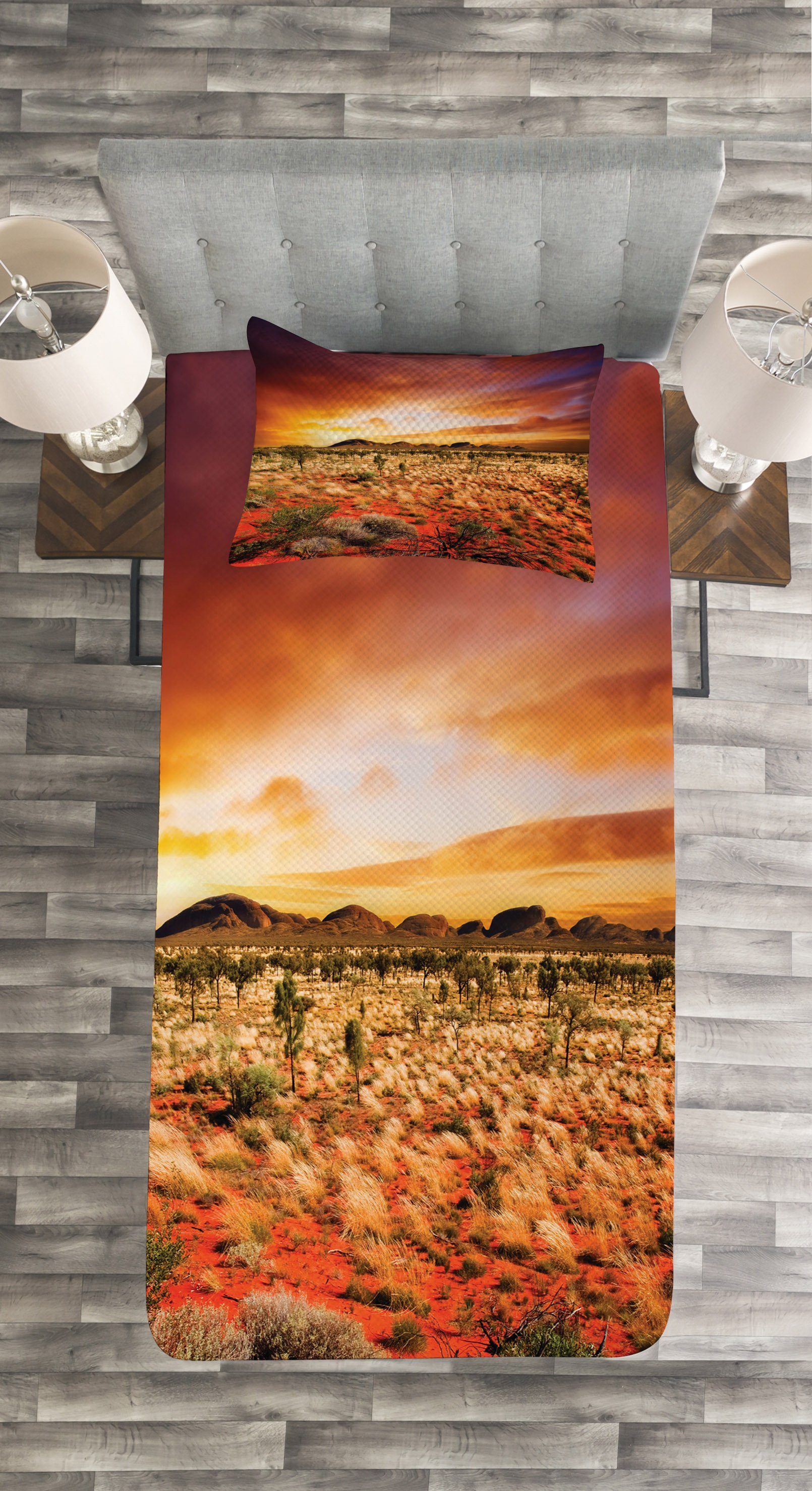 Tagesdecke Set mit Kissenbezügen Abakuhaus, Sunset Central Waschbar, Wüste Australia