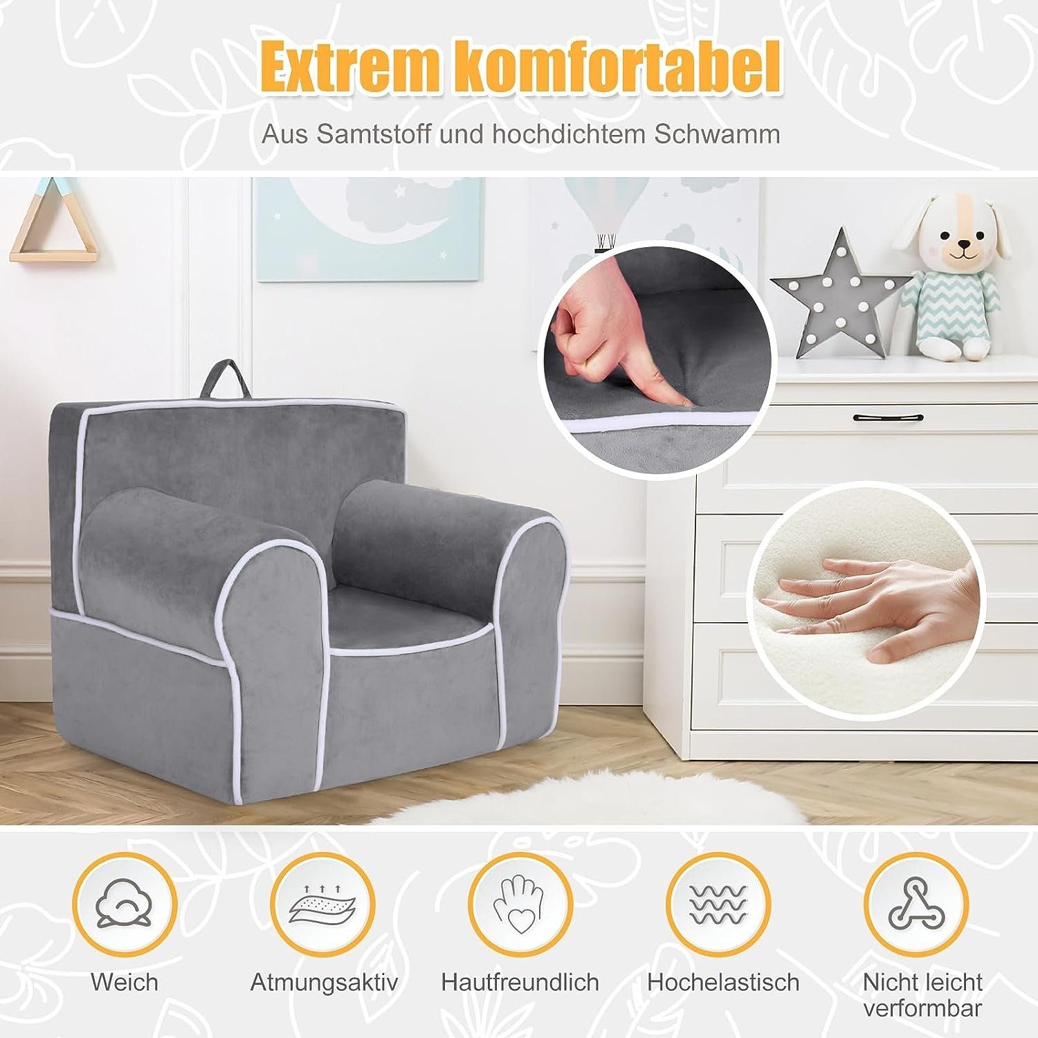 KOMFOTTEU Kindersessel Kindersofa, 70 Armlehnen mit x 50cm Rückenlehne, x grau 44 &