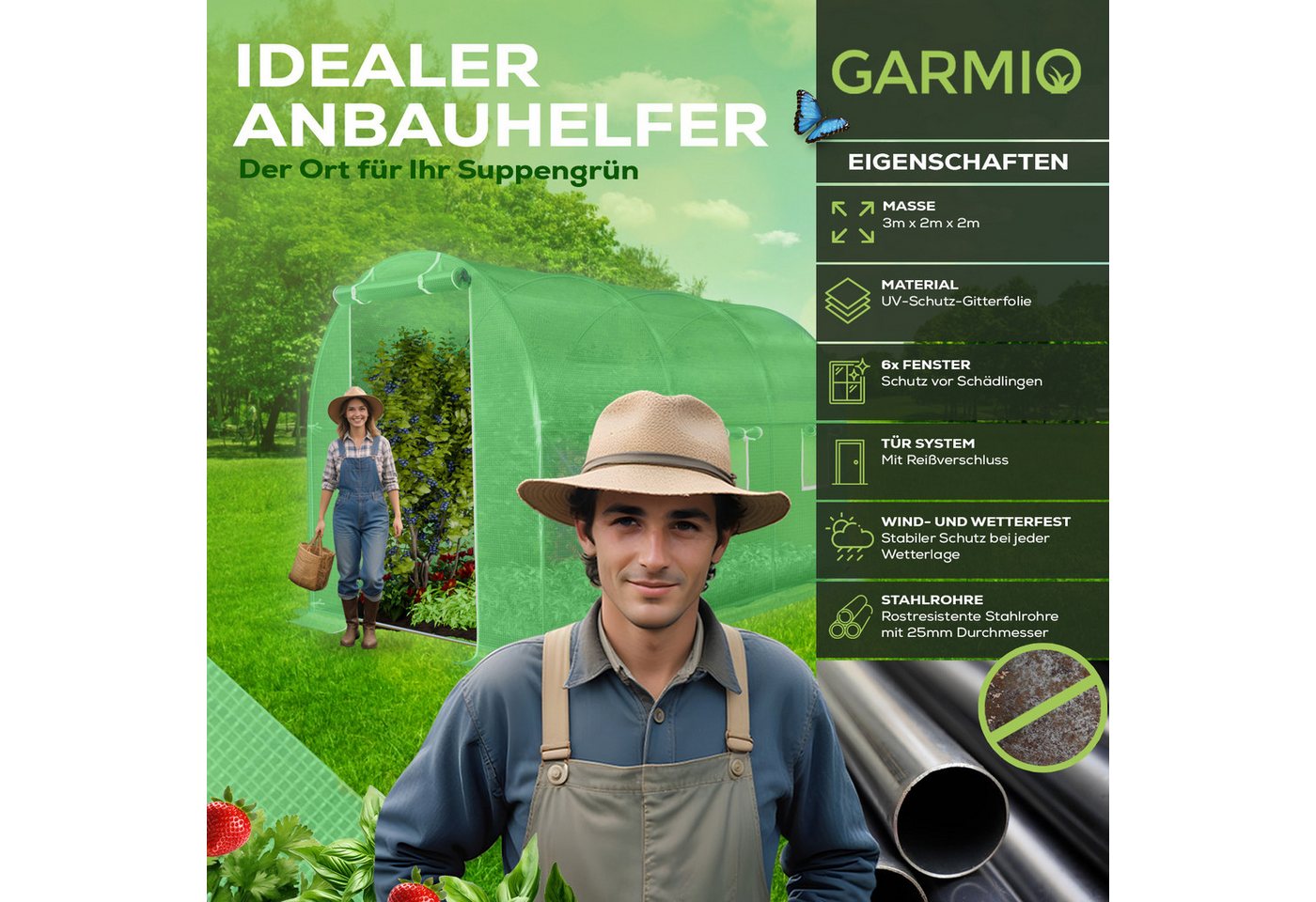 Thumbnail - GARMIO Gewächshaus Foliengewächshaus, Folientunnel für Aufzucht CICATA 3x2x2 m, aufrollbare Tür, einfaches Stecksystem, ...