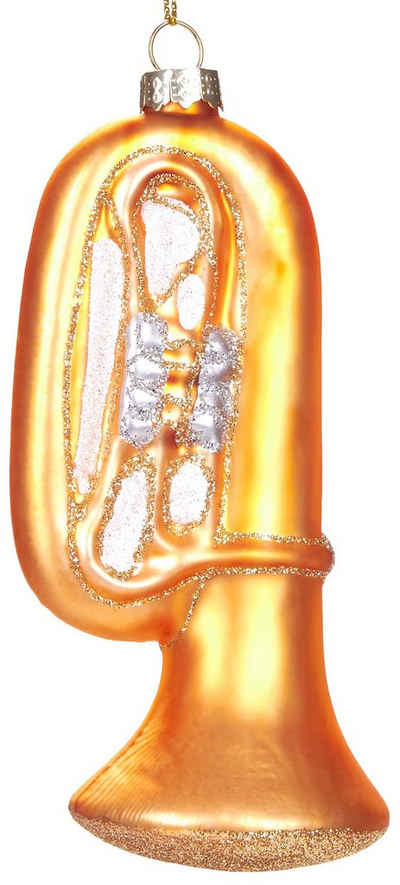 BRUBAKER Christbaumschmuck Mundgeblasene Weihnachtskugel Goldene Trompete, Instrument Weihnachtsdekoration aus Glas, handbemalt - Lustige Weihnachtskugel 13 cm