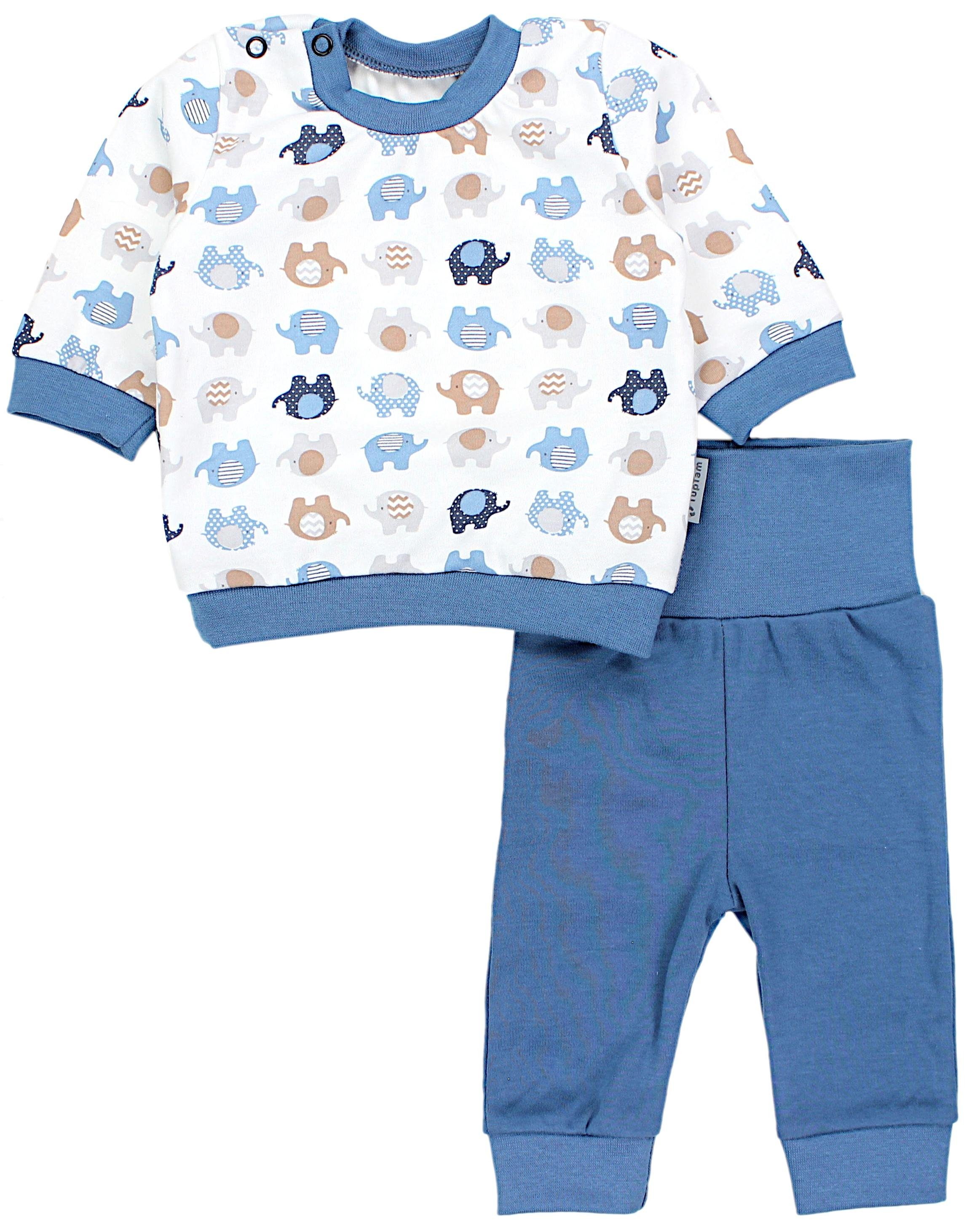 TupTam Erstausstattungspaket Baby Spruch Jeansblau mit Langarmshirt Babykleidung Jungen Elefanten Outfit Babyhose Print