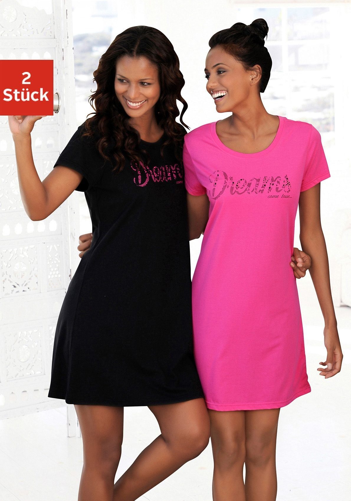 Vivance Dreams Sleepshirt (2er-Pack) pink, schwarz Spitzenoptik mit Print in