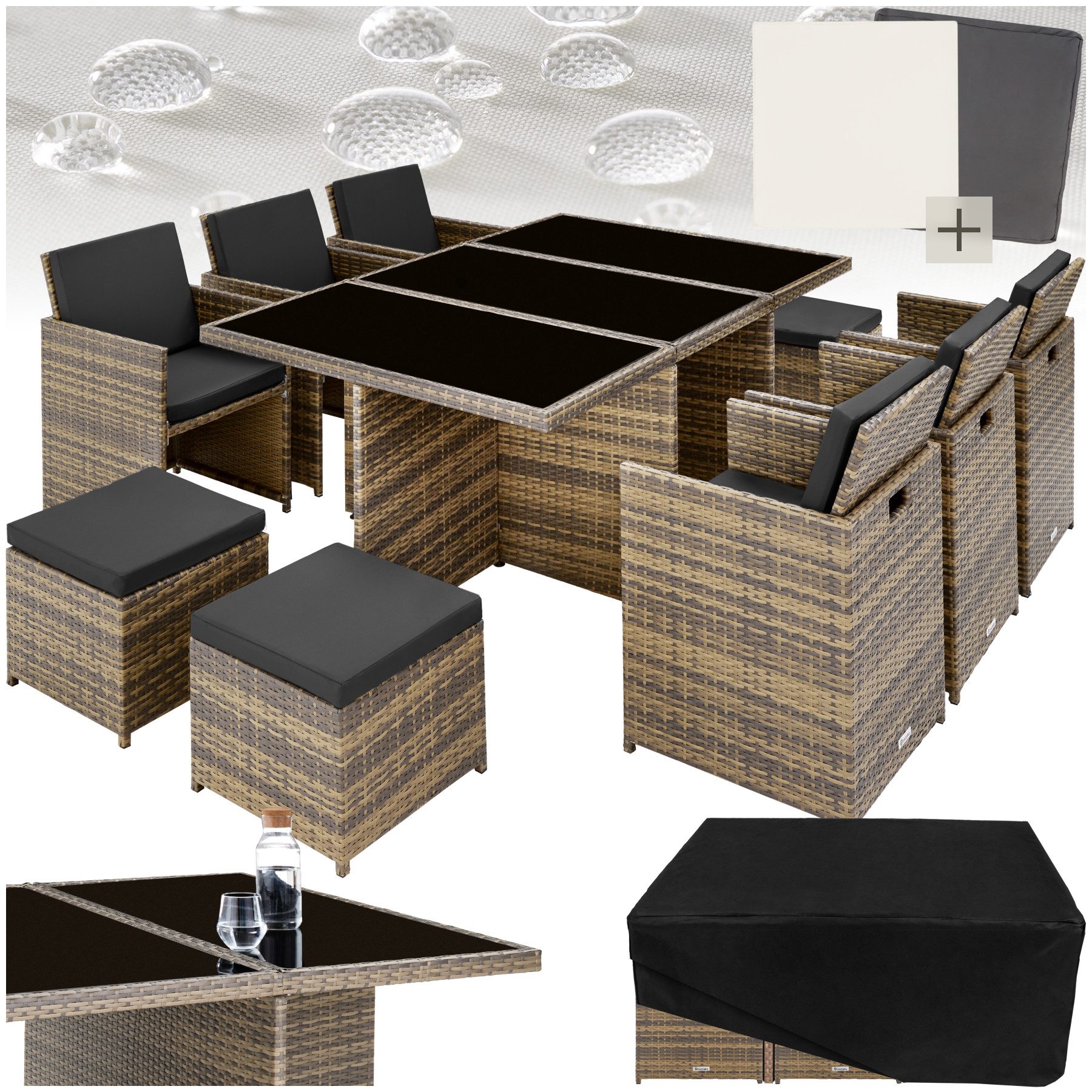 tectake Sitzgruppe Rattan Sitzgruppe, (Set., 12-tlg), Umklappbare Rückenlehne – Stühle passen unter den Tisch
