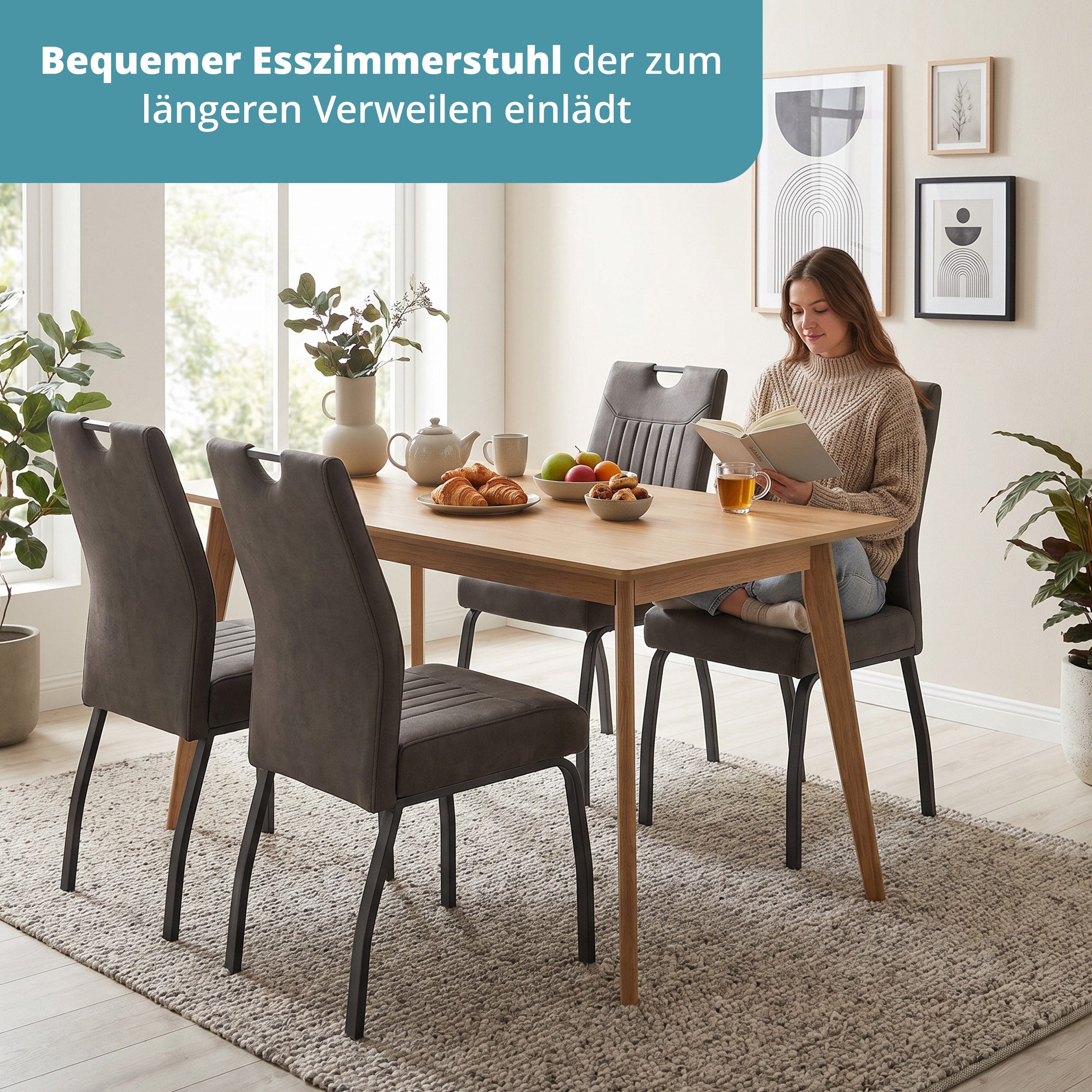 KHG Esszimmerstuhl Küchenstuhl Mikrofaser Braun-Schwarz, mit Taschenfederkern (Indoor-Stuhl DIN EN 12520 geprüft), 4-Fuß-Metallgestell Schwarz, bis 140 kg belas – Bild 3 von 5