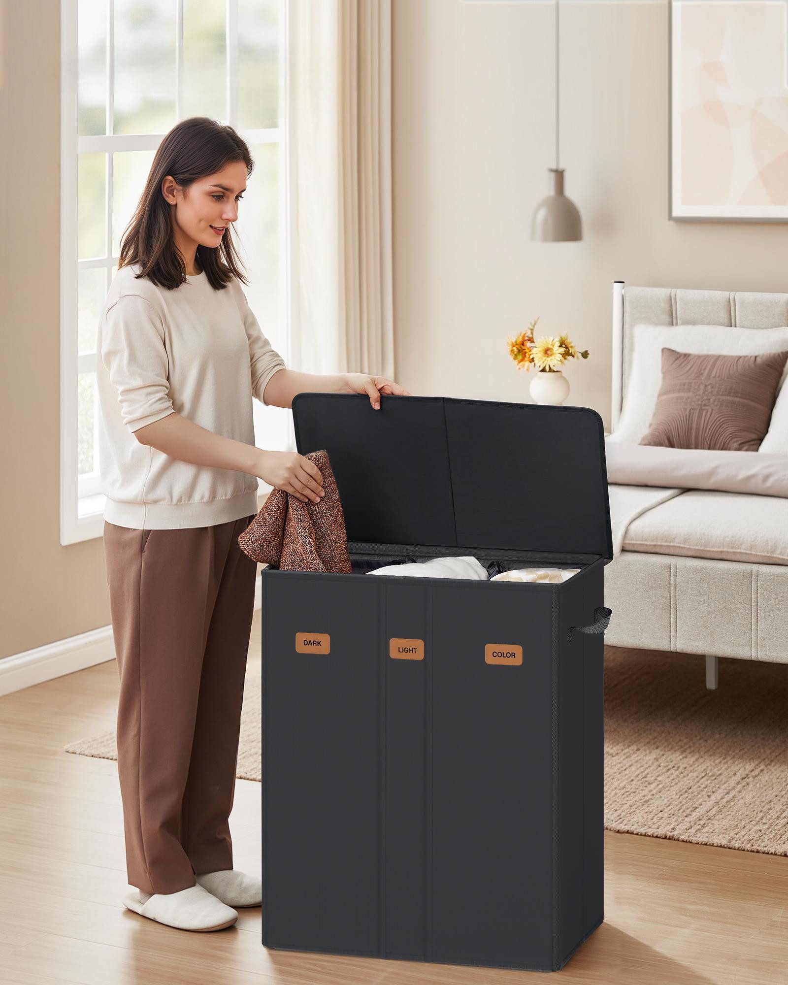 SONGMICS Wäschekorb, mit 3 Fächern, 160 L, mit Deckel, herausnehmbar und wa günstig online kaufen