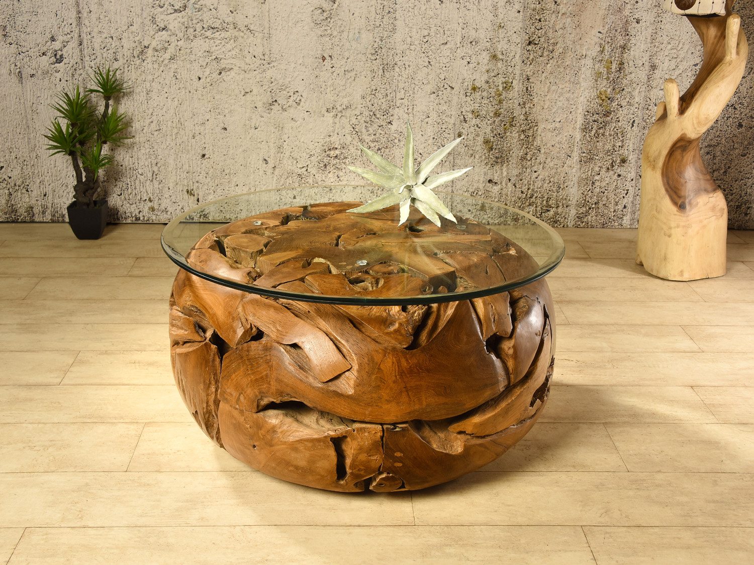 Bambus-Lounge Couchtisch Sofatisch Elements mit Glasplatte aus Teakholz Wohnzimmertisch