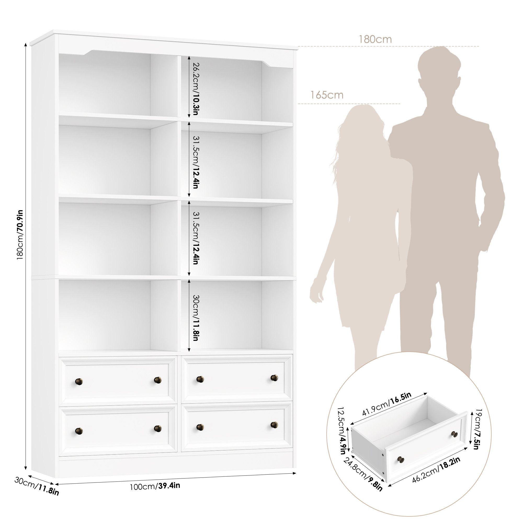 Homfa Bücherregal 180 cm Bücherschrank Hochschrank Mehrzweckschrank Standregal, mit 4 Schubladen und 8 Fächer groß holz 180x30x100cm, weiß