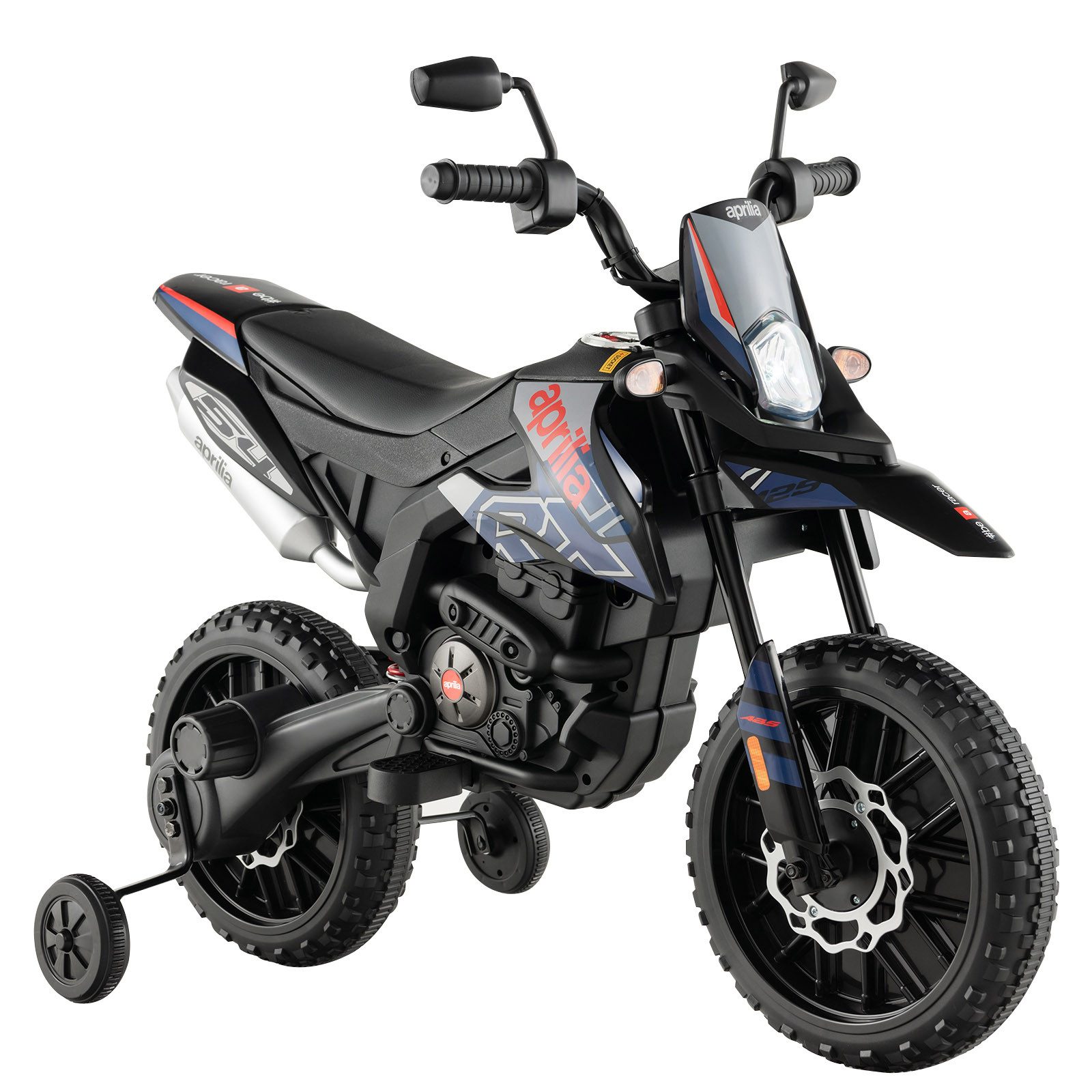 KOMFOTTEU Elektro-Kindermotorrad, mit 2 Stützrädern, Scheinwerfer, Musik