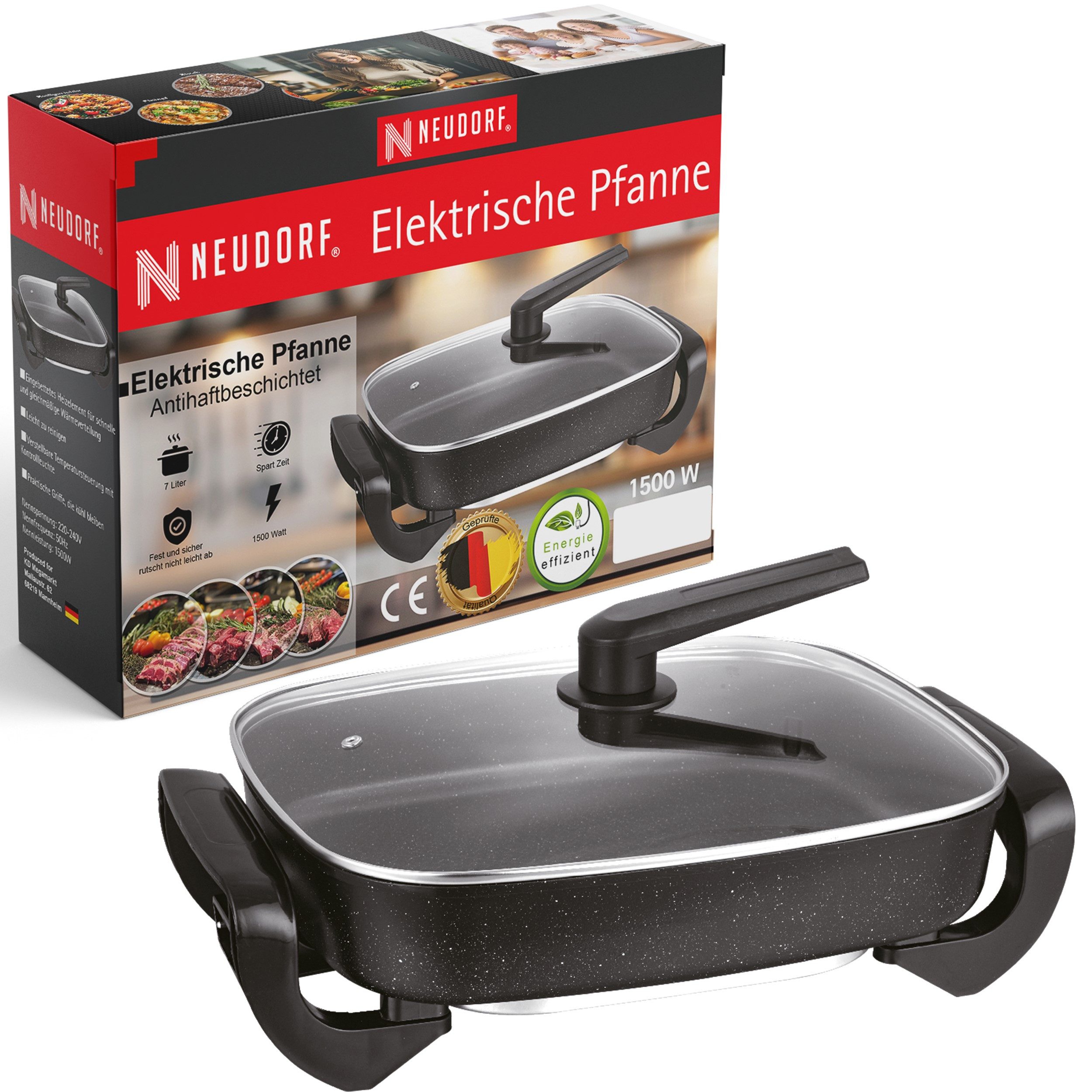 Neudorf Elektrische Partypfanne FamilyPan 8L – Viel Platz für Pfannengerichte & Eintöpfe Wurst uvm., 1500 W, Große Bratfläche, schnelles Aufheizen, stufenlose Temperaturregelung