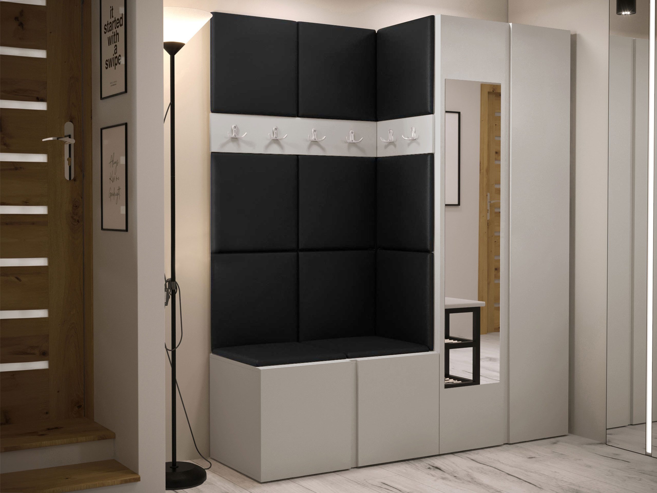MIRJAN24 Garderoben-Set Orion XII, (Komplett-Set, Schrank, Schrank mit Spiegel, 2x Kleiderhaken, Paneel 11x 42x42), Auswahl aus Fronten und Polsterplatten