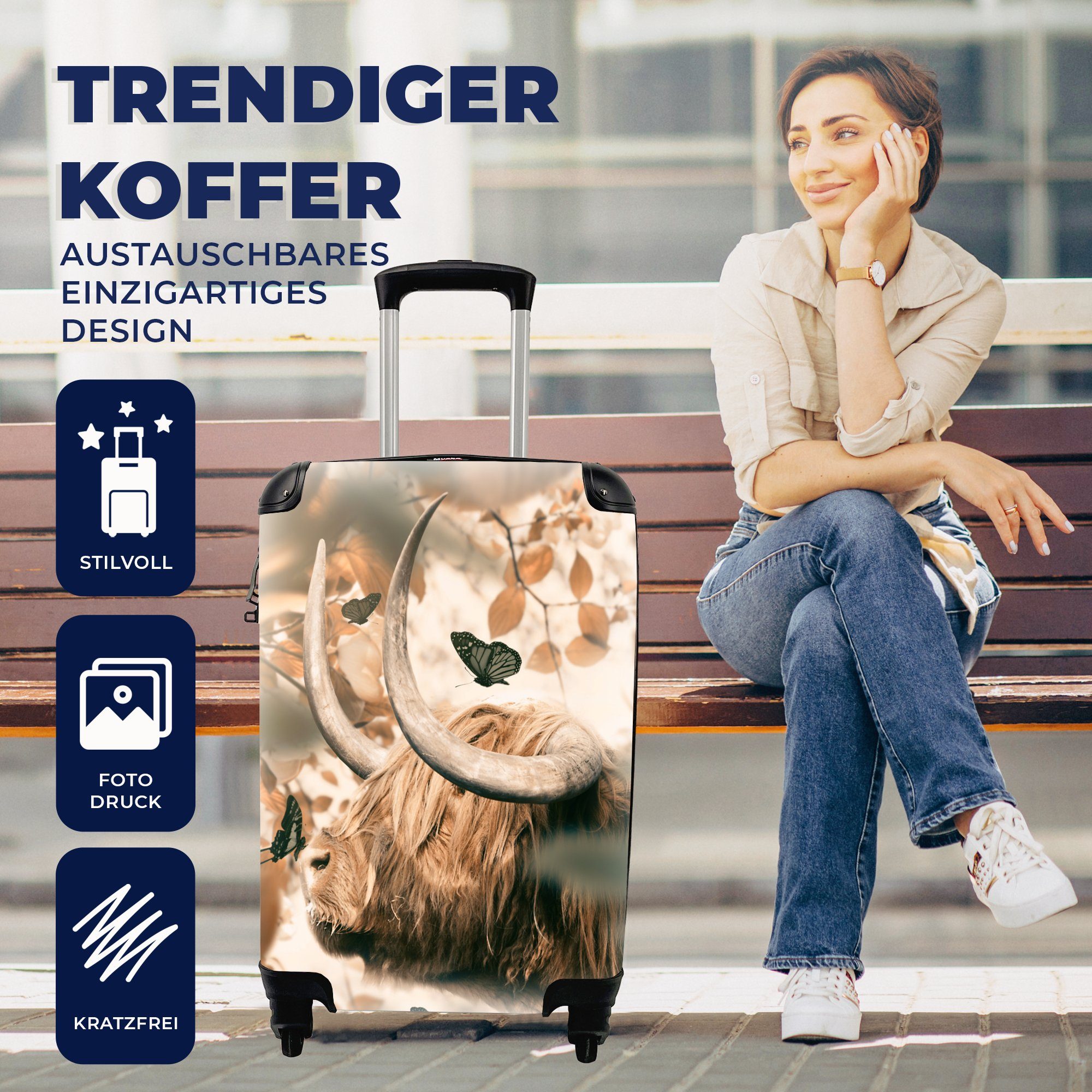 Schottische - Handgepäckkoffer Trolley, Hoorn, Rollen, Handgepäck mit Ferien, Reisetasche 4 MuchoWow Schmetterlinge für Reisekoffer Highlander rollen, -