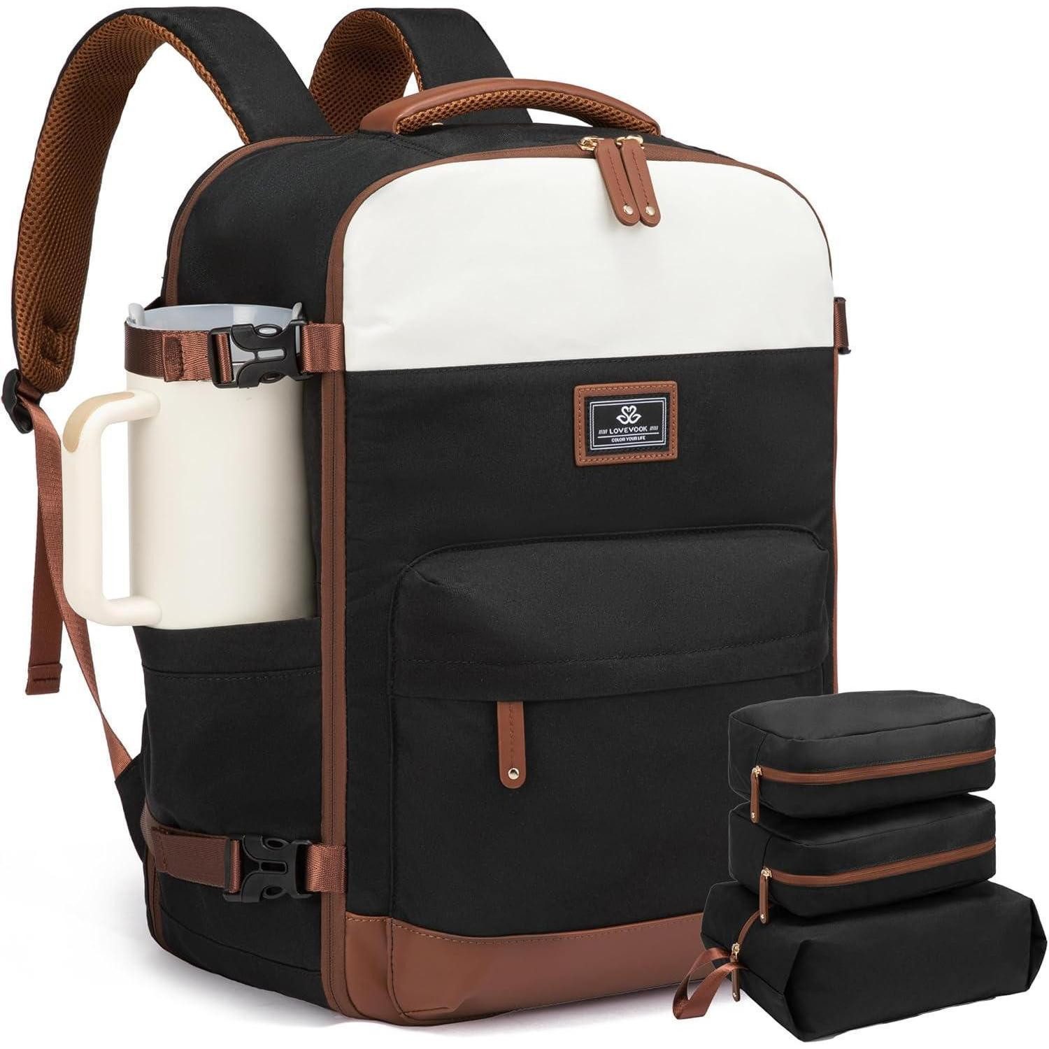 Reiserucksack Reiserucksack Handgepäck 45L Damen 17,3 Zoll Laptopfach Beige Schwarz