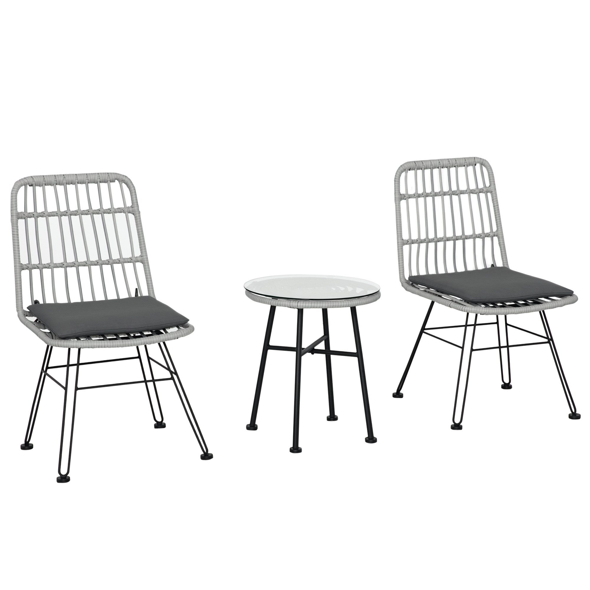 Nettlife Balkonset 3-teilig 2 Sessel Tisch Glasplatte PE-Rattan Stahl Creme/Grau, (2 Stühle + runder Beistelltisch mit Glasplatte (gehärtet), für Terrasse, Balkon, Hof, Außenbereich