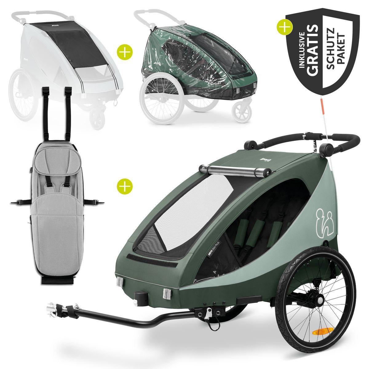 Hauck Fahrradkinderanhänger Dryk Duo Plus - Dark Green, Fahrradanhänger Buggy für 2 Kinder mit Babysitz Lounger & Schutzpaket