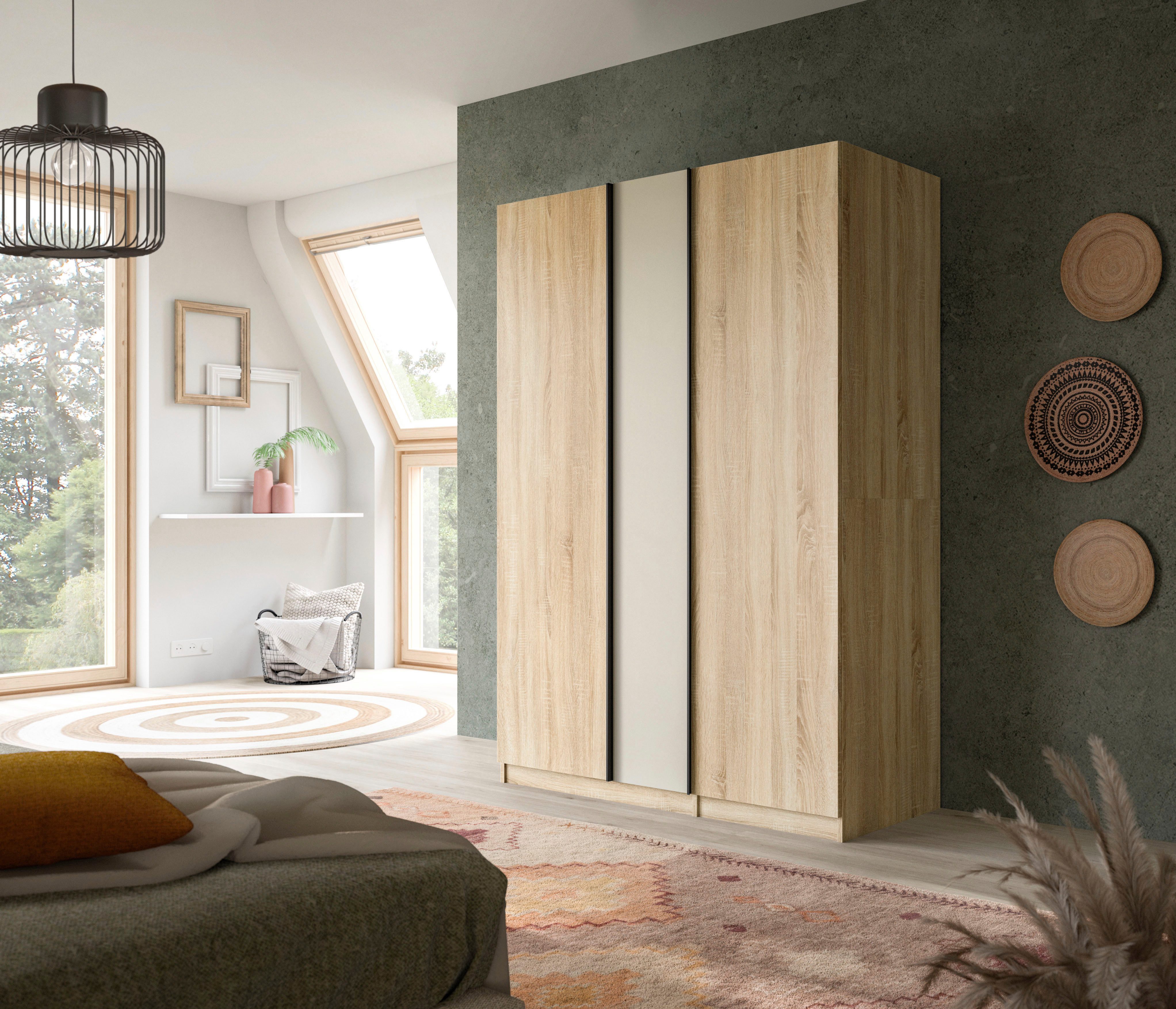 Home affaire Kleiderschrank BENDINGO, TOPSELLER!, Schlafzimmerschrank, Schrank, Garderobenschrank (OTTO BESTSELLER, Garderobe & Schlafzimmer) Breite 130cm, Eiche NB, 3-türig, 2 Kleiderstangen und 2 Ablageböden