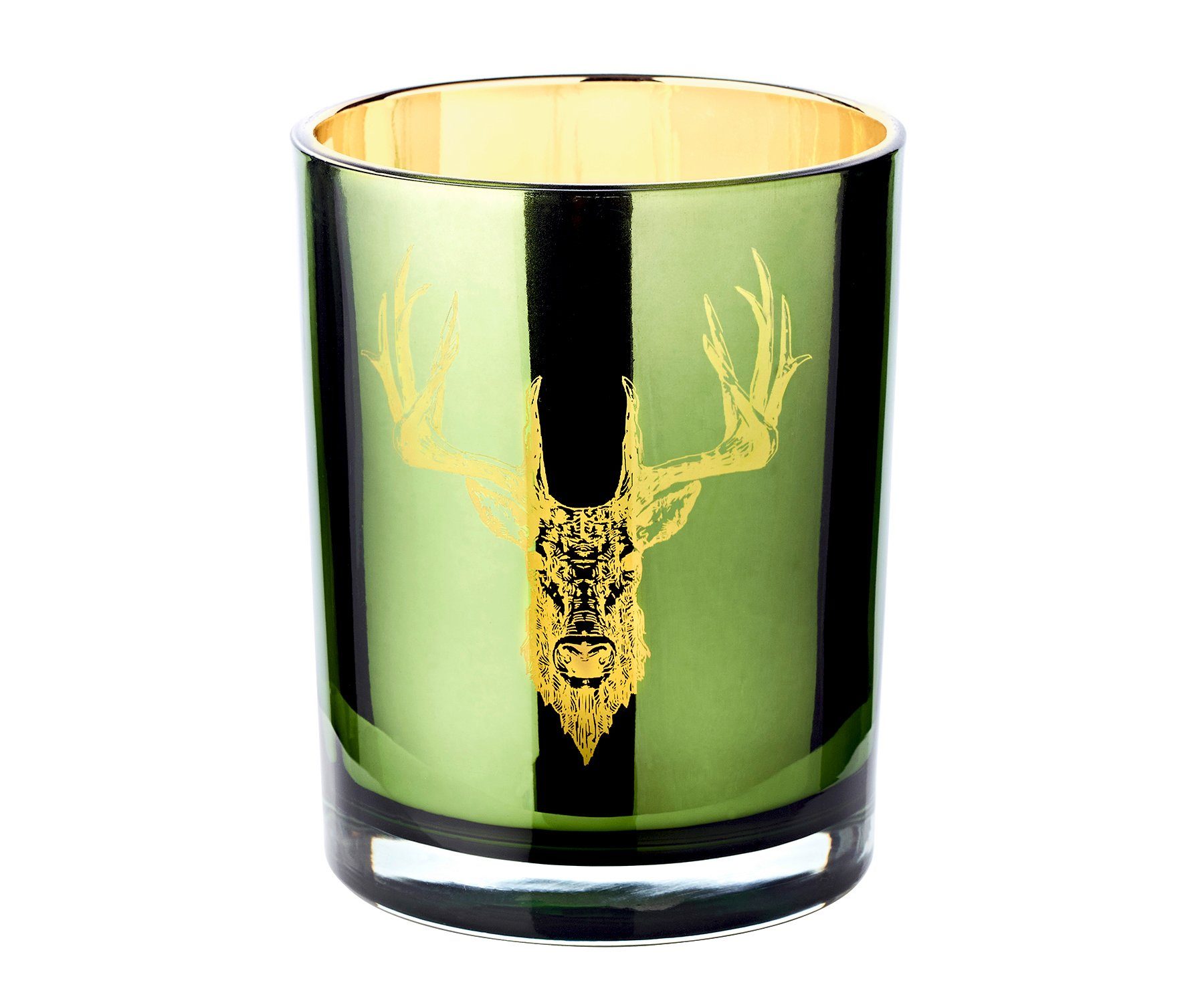 EDZARD Windlicht Ted, Glas, Hirsch-Motiv, grün und gold, H 13 cm, Ø 10 cm