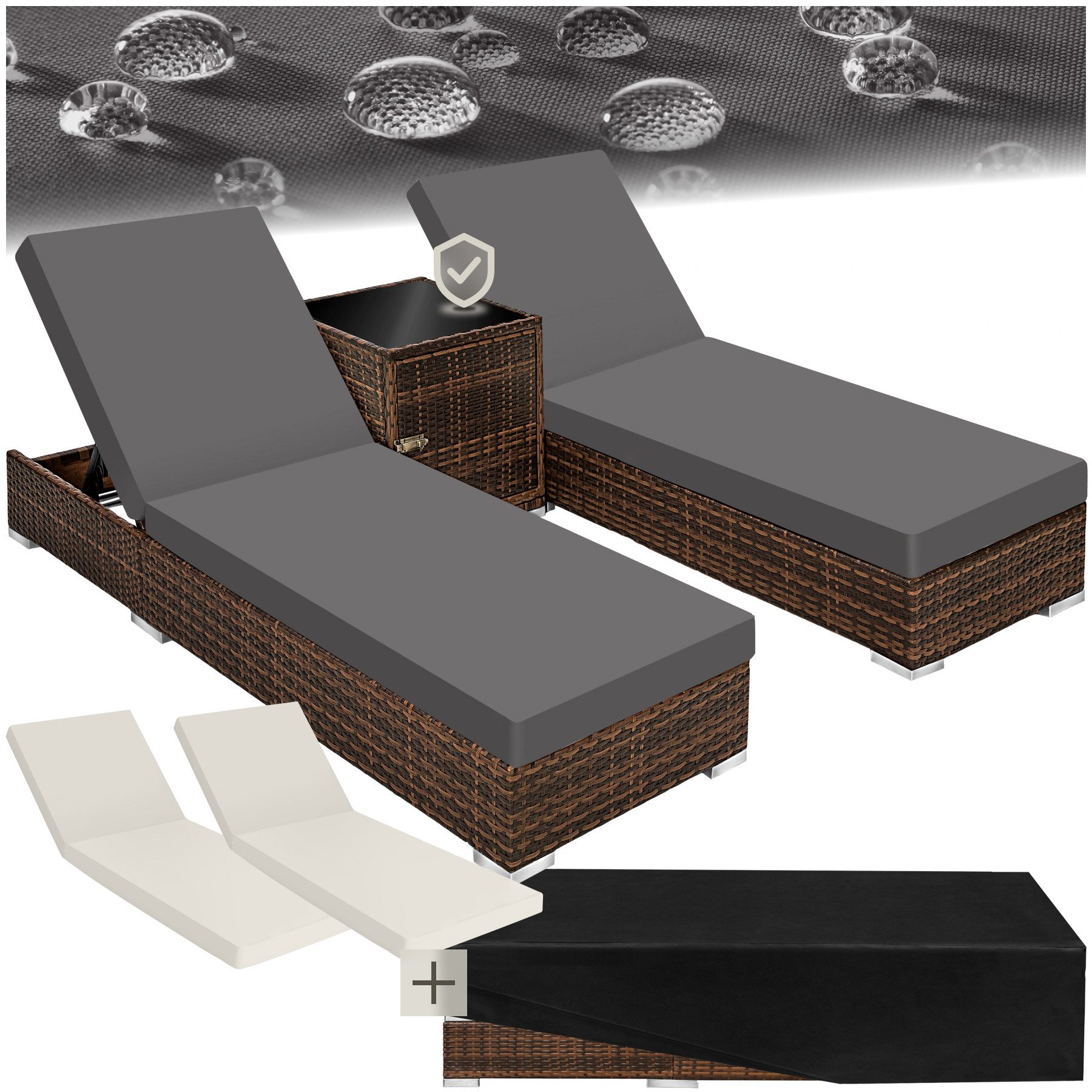 tectake Gartenliege Rattan Sonnenliegen, inklusive 2 Bezugssets und Schutzhülle, Loungeliege Set, 1 St., in Braun, wetterfest und UV-beständig, Tisch mit Staufach, Sicherheitsglasplatte