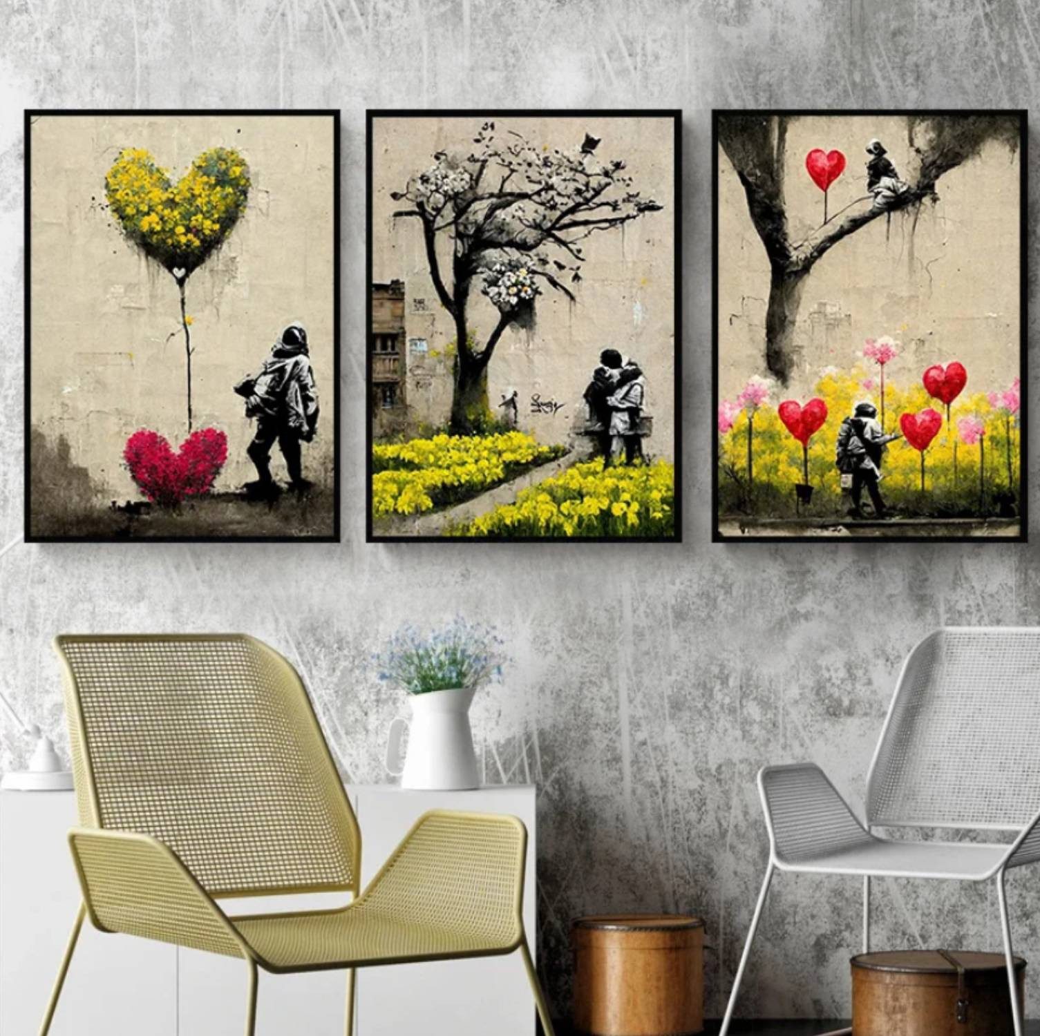 TPFLiving Kunstdruck OHNE RAHMEN, Bangsy Art- Graffiti Kunst - Street Art - (Leinwandbild XXL), Farben: Farben: Weiß, rot, blau, beige - Größe: 20x30cm