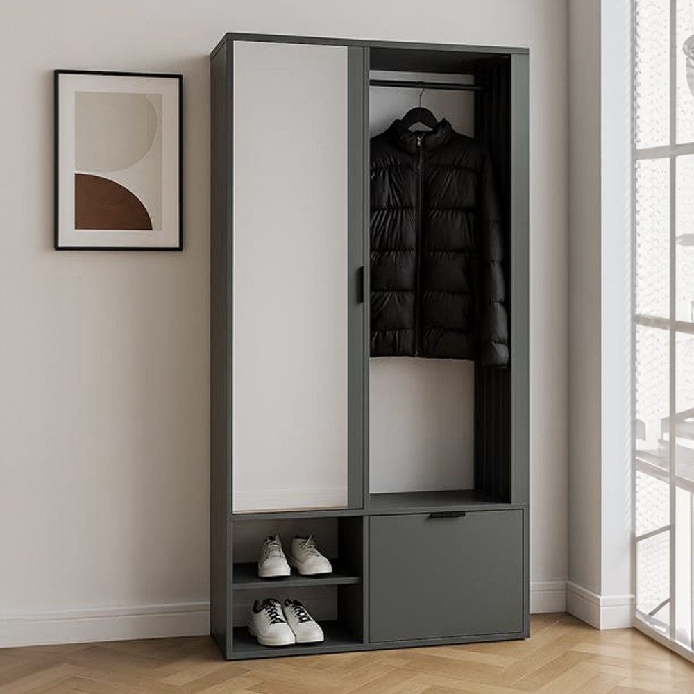 Lomadox Garderobe MINSTER-161, 100 cm breit in grau mit Spiegel, Schuhschrank, Kleiderstange, Klappe
