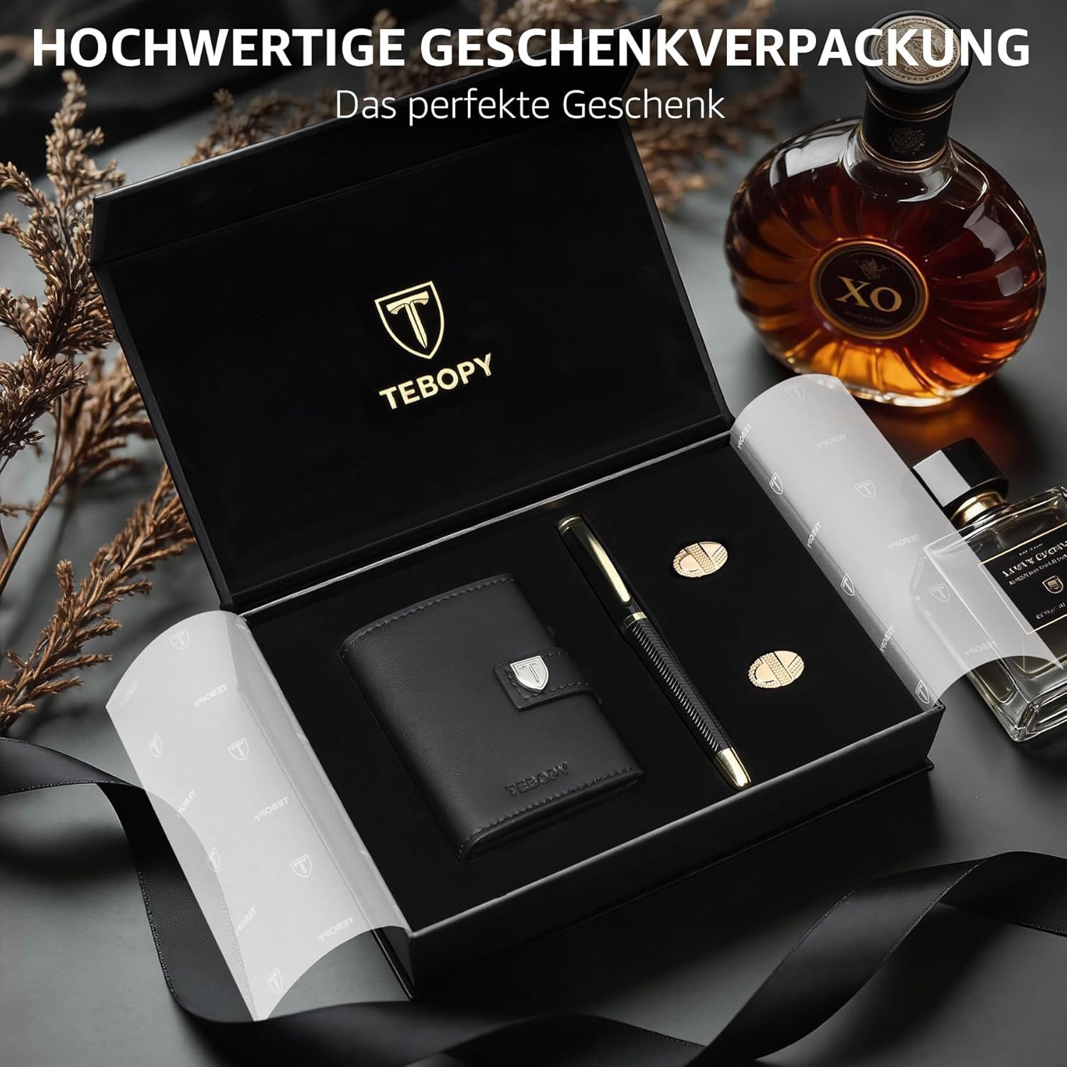 Ophy Geldbörse Herren Portemonnaie Set – Slim Wallet mit RFID-Schutz & Münzfach (Kugelschreiber + Manschettenknöpfe), für 10 Karten – Premium Geschenkset – Bild 2 von 5