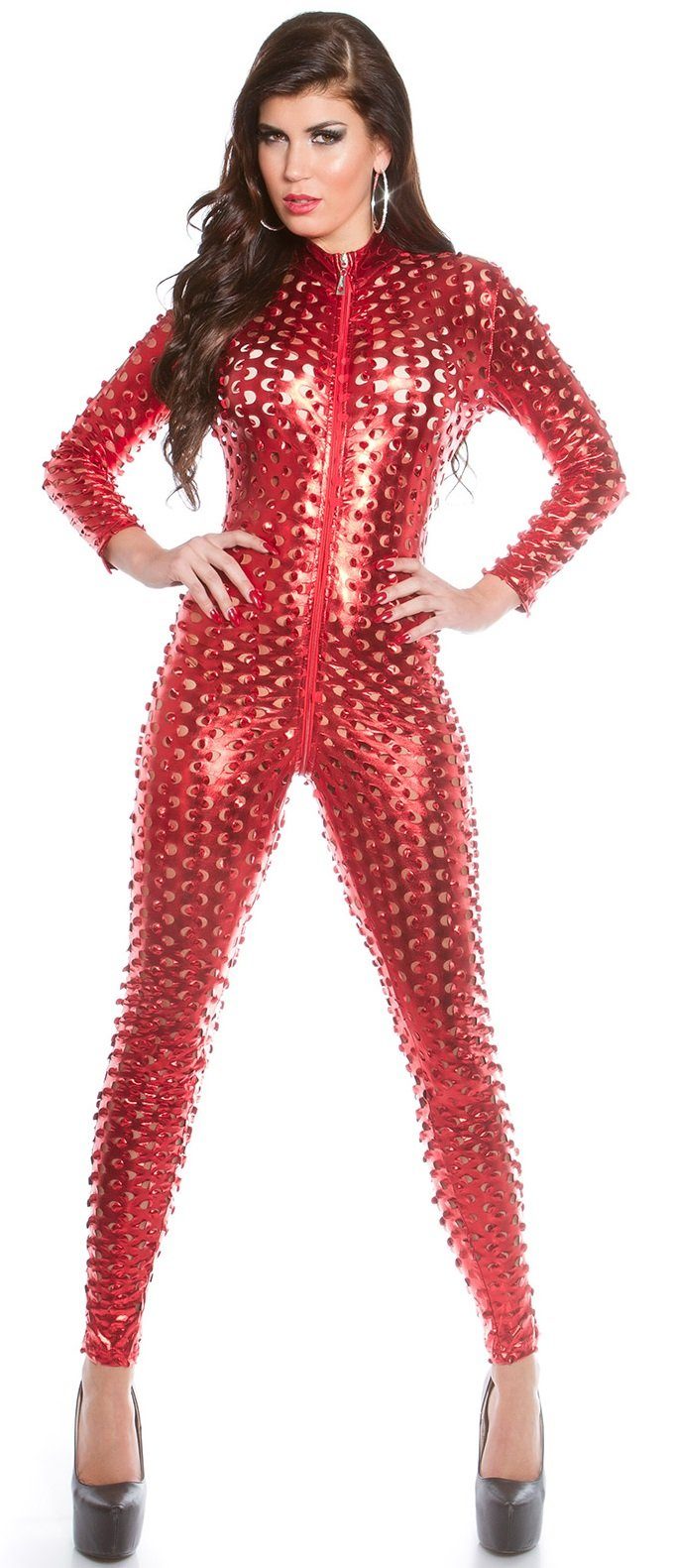 Reguläre Ware Koucla Overall Wetlook Jumpsuit mit rot 2-Wege-Reißverschluß