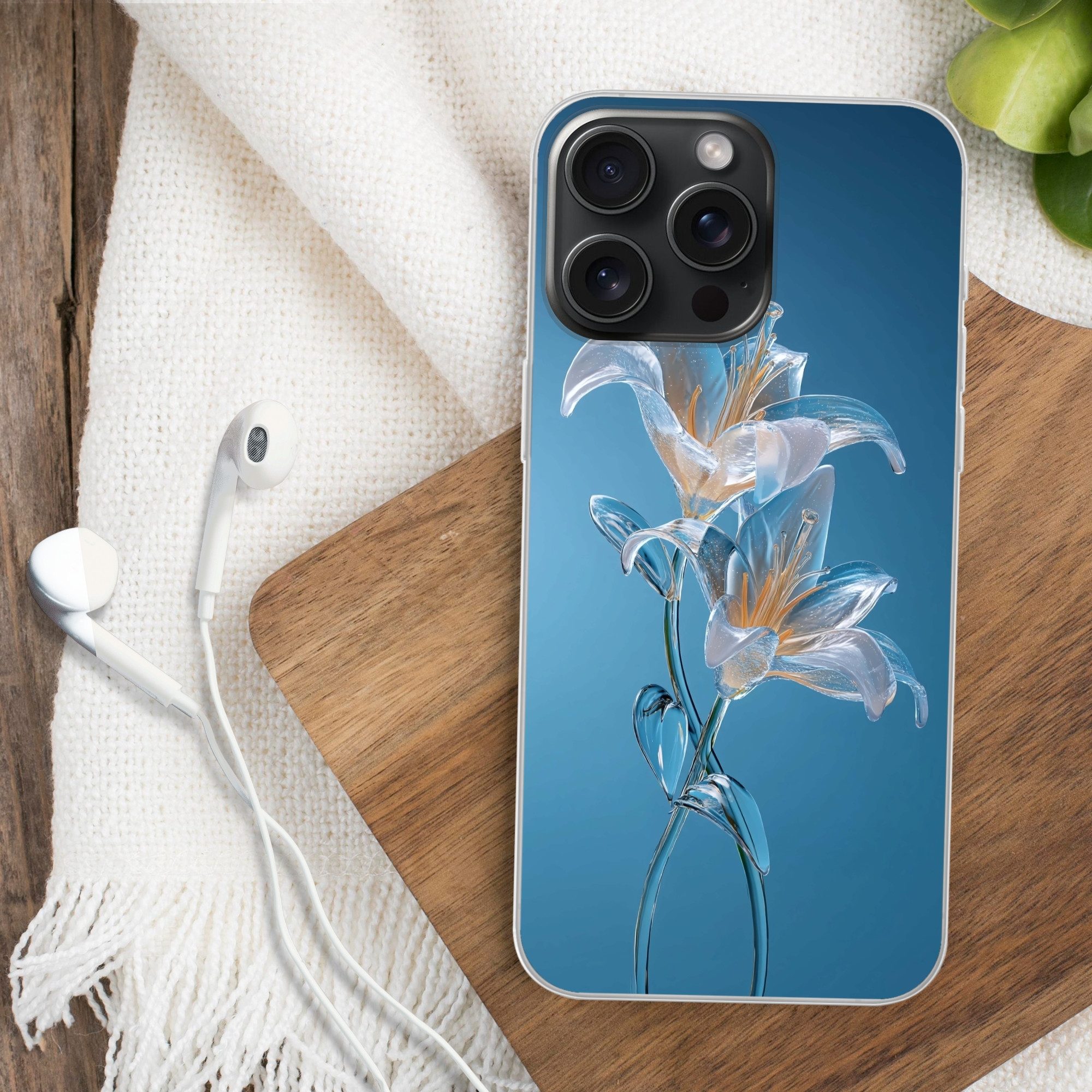MuchoWow Handyhülle für Apple iPhone 15 Pro Max Lilien - Blau - Gläser, Smartphone-Bumper, Print, Handy Schutzhülle Dünn