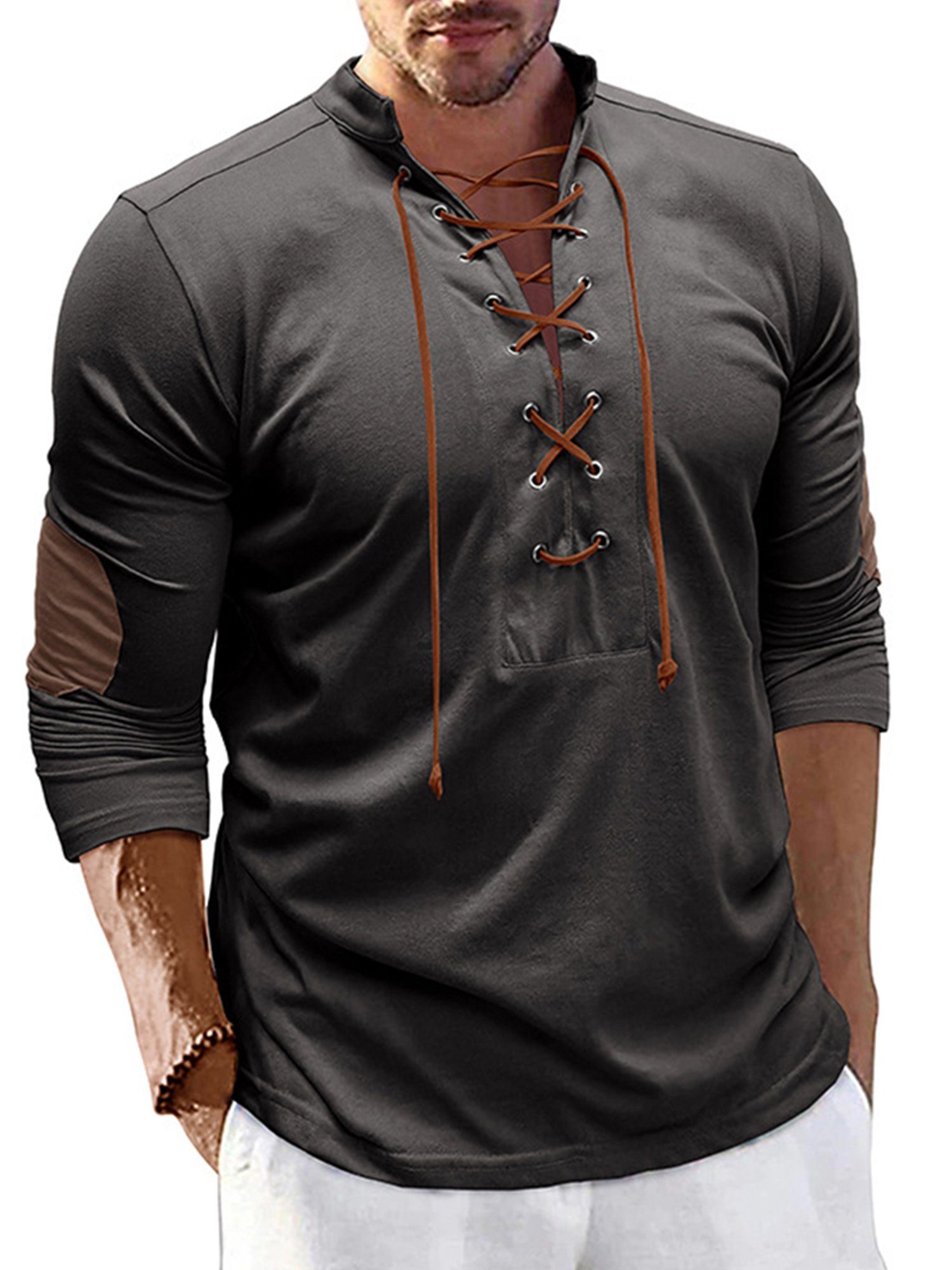 Lapastyle Langarmshirt Herren V-Ausschnitt Henleyshirt mit Stehkragen Lässiges T-shirt einfarbig Top, Bindedesign am Brustausschnitt Anthrazit Grau