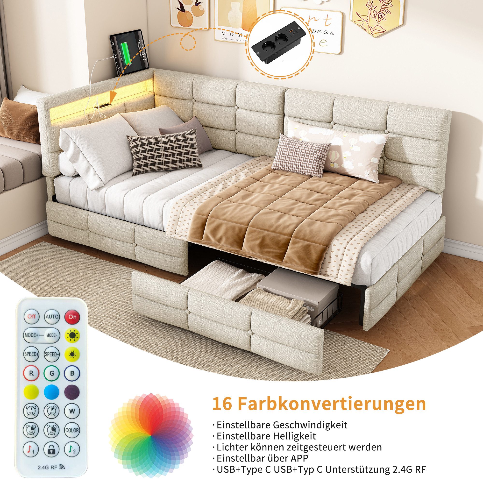 ADWOLT Schlafsofa Daybett Polsterbett Mit LED-Licht und USB-Anschluss, Set 1 Teile, 90x200 cm,Mit 2 Schubladen,Leinenstoff-Beige