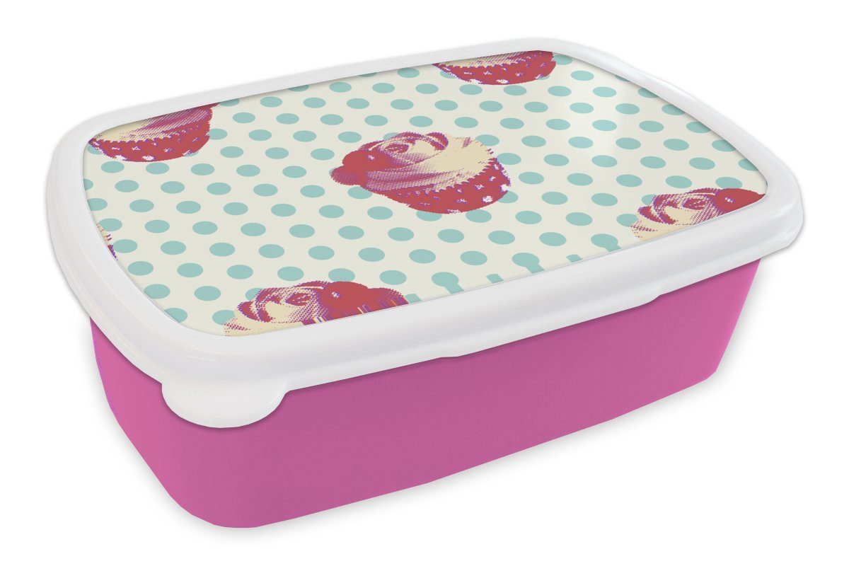 MuchoWow Lunchbox Muster - Cupcake - Lebensmittel, Kunststoff, (2-tlg), Brotbox für Erwachsene, Brotdose Kinder, Snackbox, Mädchen, Kunststoff rosa
