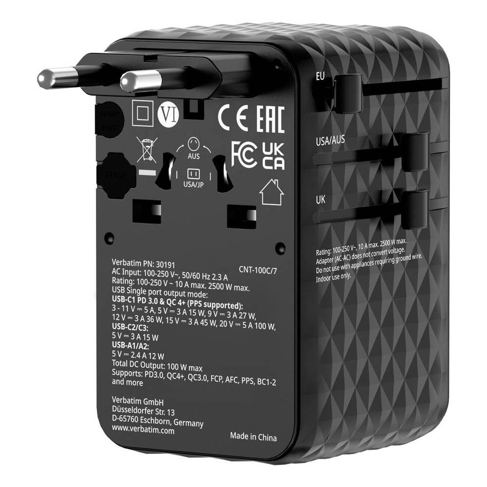 Verbatim Ladegerät für Mobilgeräte Universal AC Schnellladung Drinnen 30191 Reiseadapter