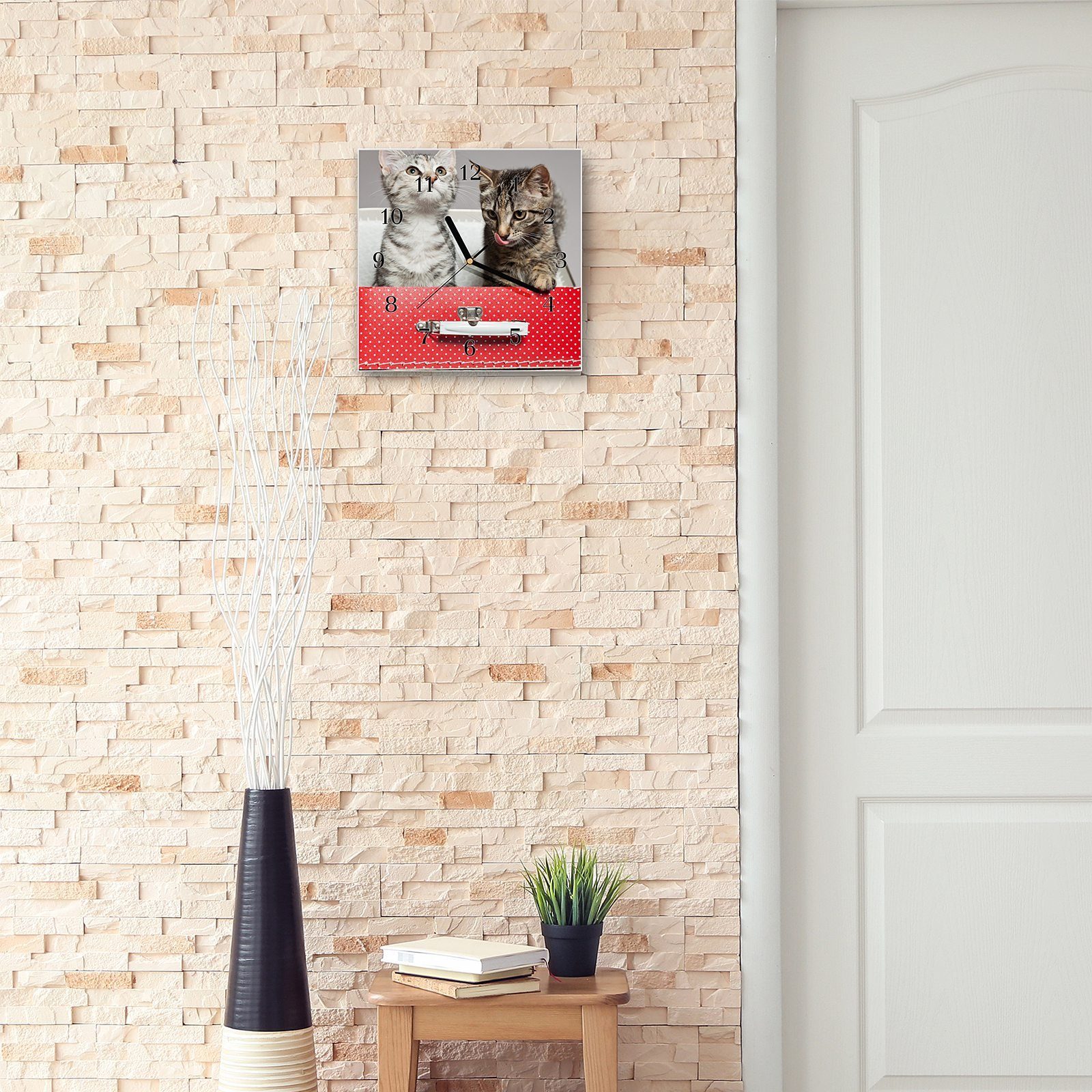 Primedeco Wanduhr Katzen 30 Wandkunst im Koffer Wanduhr x 30 Glasuhr Größe mit cm Motiv