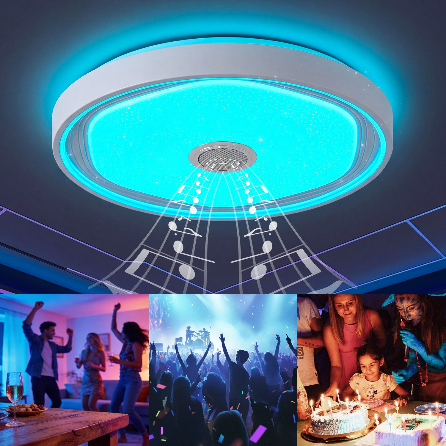 oyajia Deckenleuchte Smart LED Deckenlampe mit Bluetooth Lautsprecher, 50cm Wohnzimmerlampe, LED fest integriert, Kaltweiß+Naturweiß+Warmweiß+RGB, 48W RGB Deckenleuchte APP Control, für Badezimmer Schlafzimmer Hotel