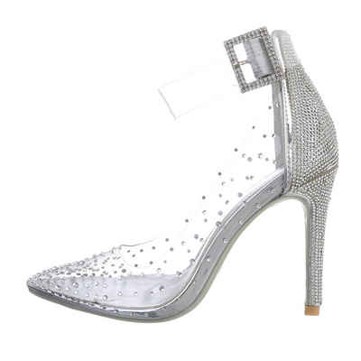 Ital-Design Damen Abendschuhe Party & Clubwear Schnürpumps Pfennig-/Stilettoabsatz High Heel Pumps in Silber