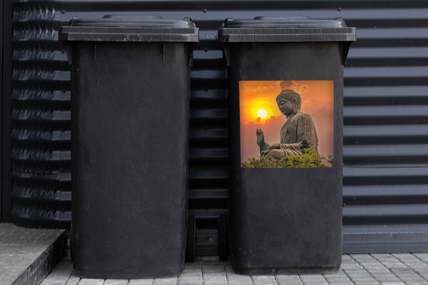(1 Buddha-Statuen Pflanzen - Mülleimer-aufkleber, MuchoWow Container, Mülltonne, - Abfalbehälter - Buddha Sonnenuntergang St), Sticker, Wandsticker