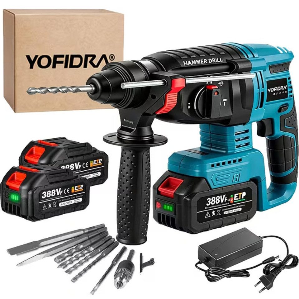 Yofidra Akku-Bohrhammer Bürstenloser SDS-plus Schlagbohrmaschine mit Bohrmeißel, 2x Akku 4 in 1 Funktionen für den Heimgebrauch und Bauarbeiten