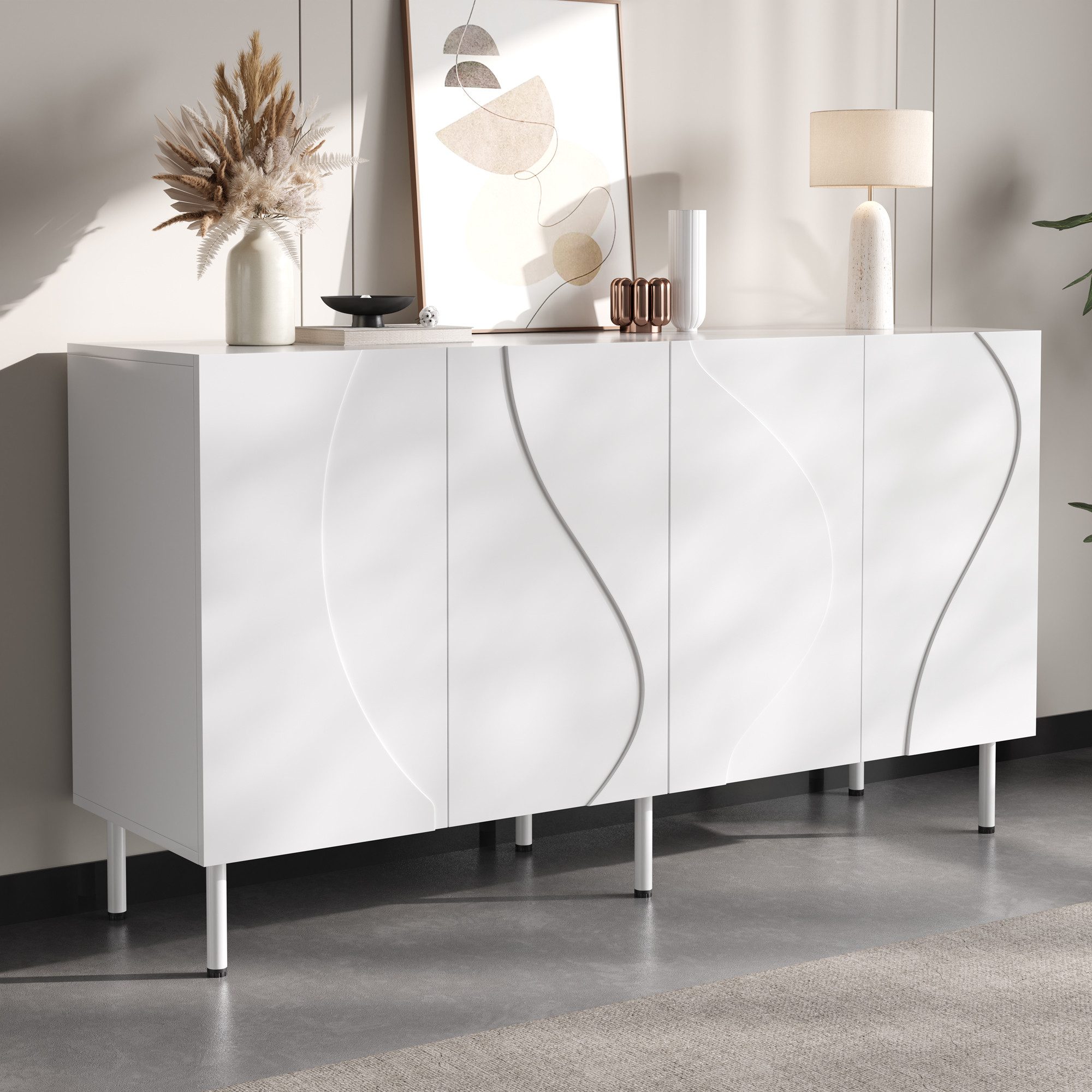 Merax Sideboard mit 3D Wellenfront & Push-to-Open, Griffloser Anrichte (1 St., Buffetschrank Wohnzimmerschrank), Kommode mit 4 Türen, Metallfüßen & Stauraum, 170x35x50cm